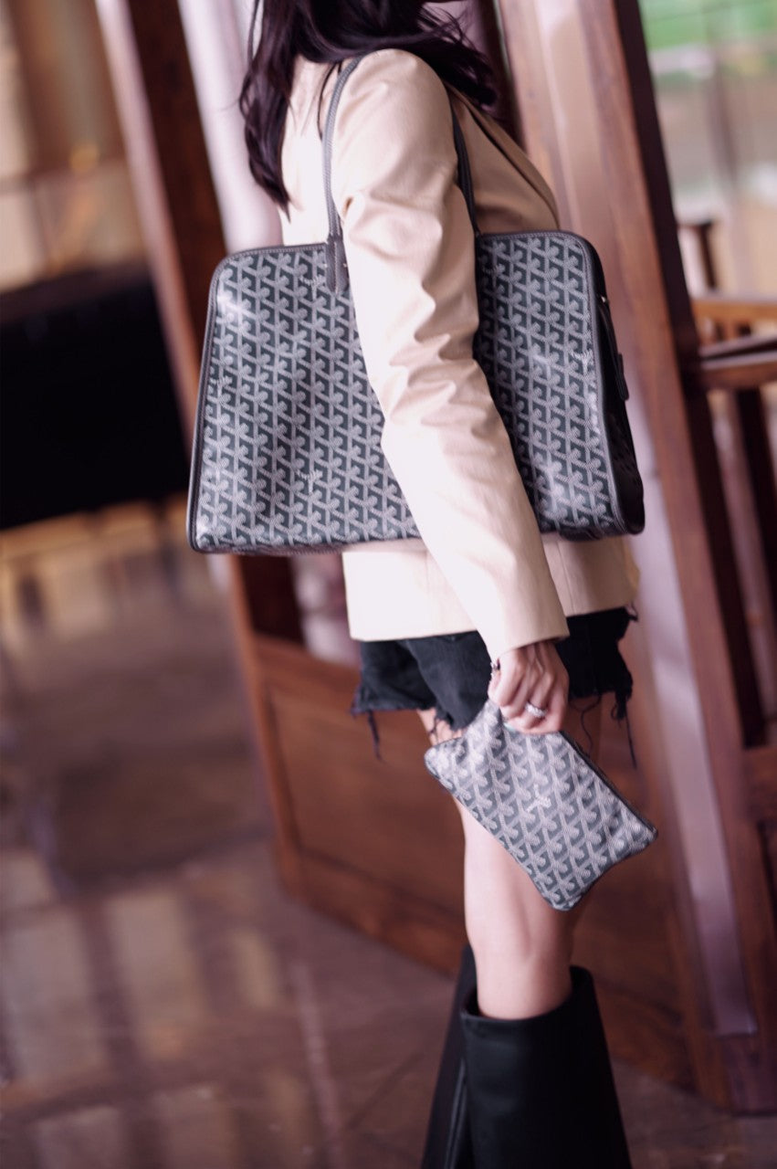 Gogy Geometric Monogram Canvas Shoulder Tote Bag with Matching Pouch