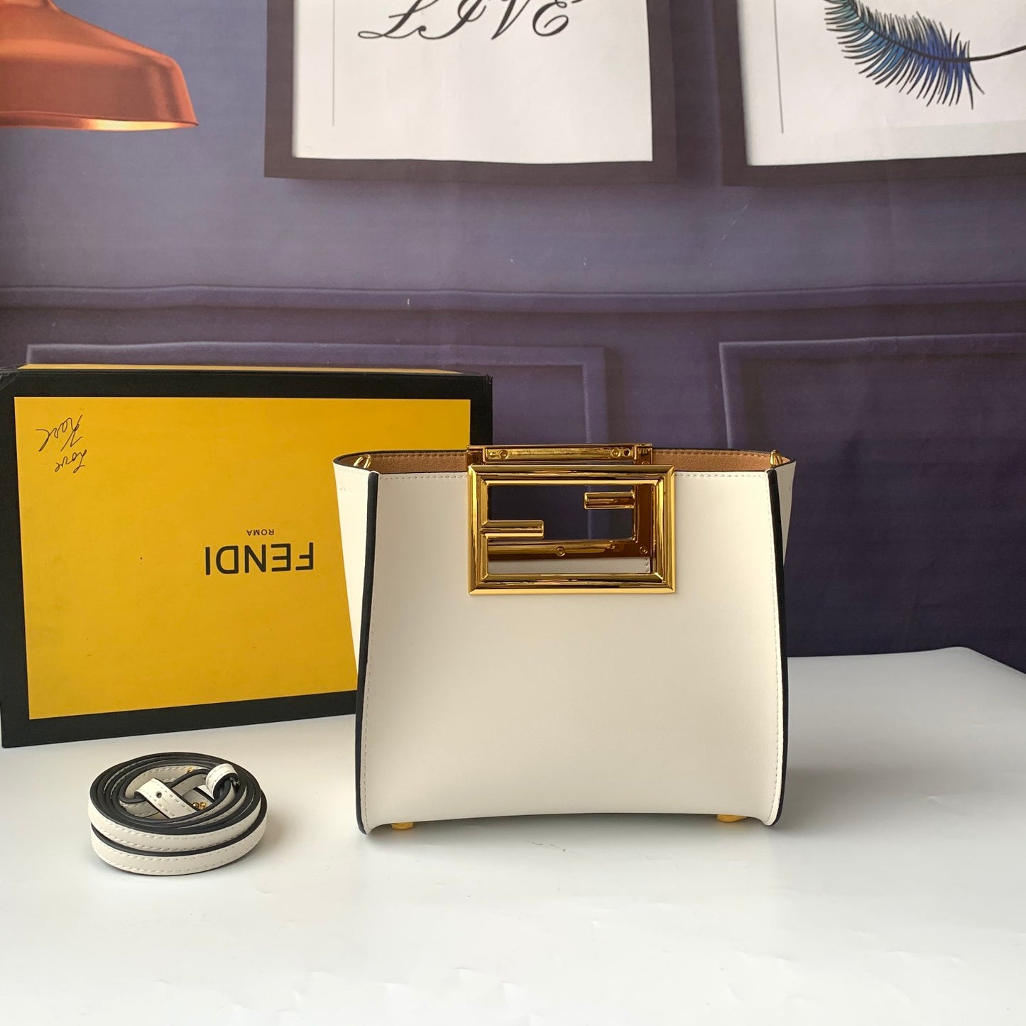 Fendi White Leather Handbag with Gold-Tone FF Logo Buckle