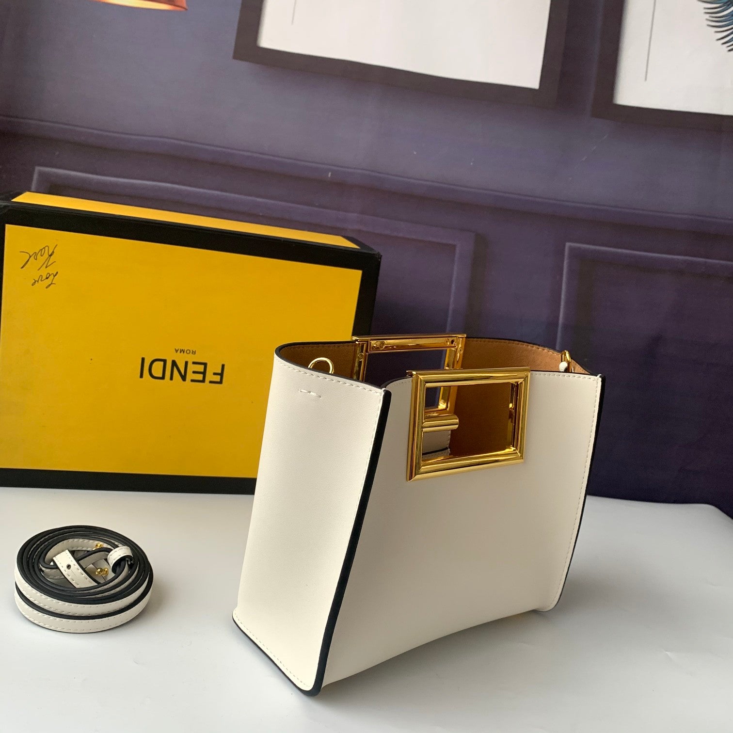 Fendi White Leather Handbag with Gold-Tone FF Logo Buckle