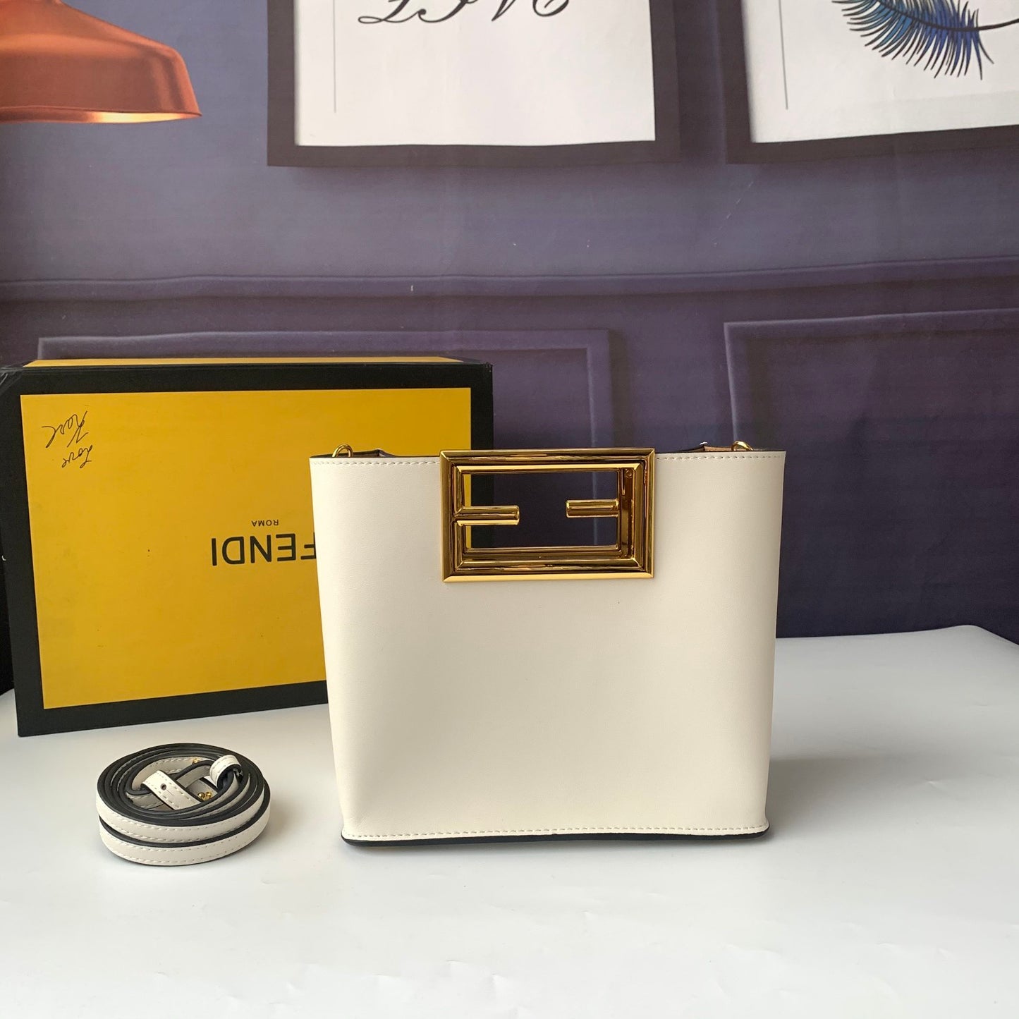 Fendi White Leather Handbag with Gold-Tone FF Logo Buckle