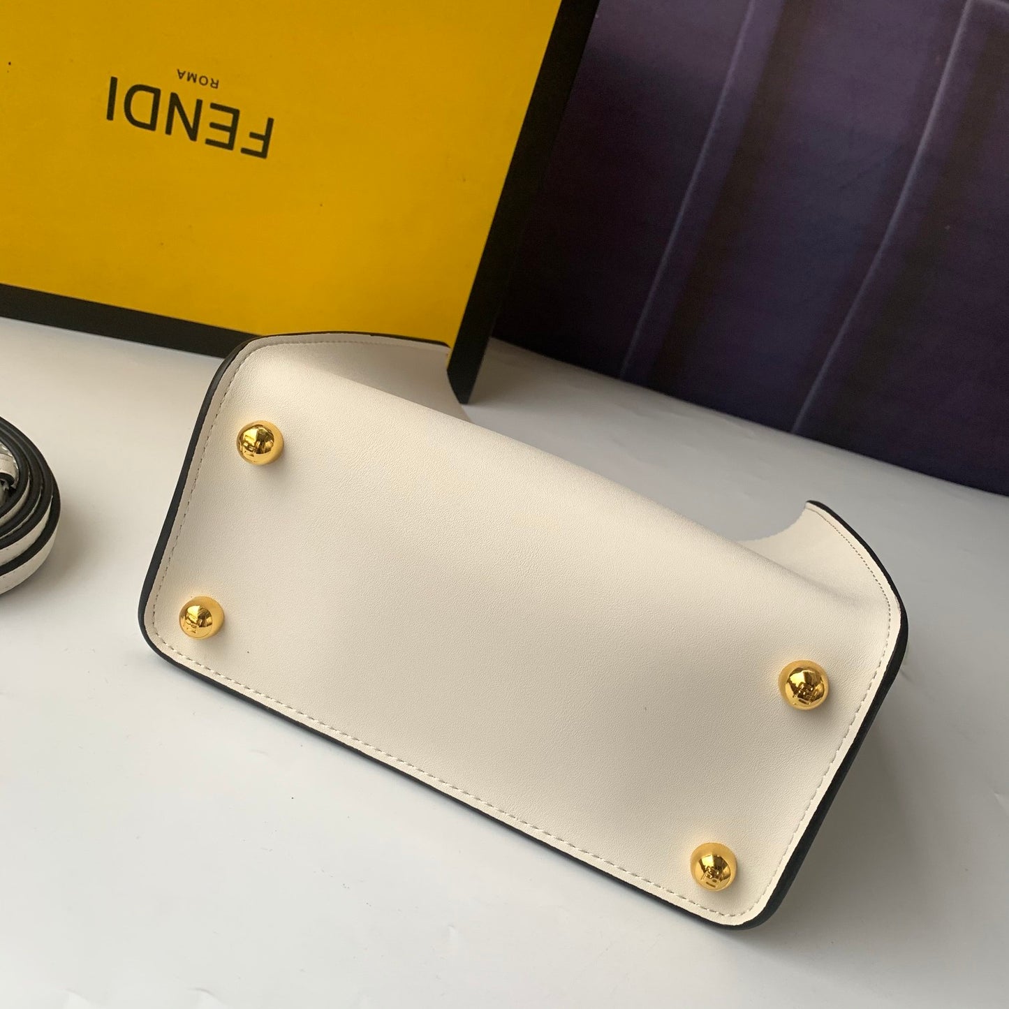 Fendi White Leather Handbag with Gold-Tone FF Logo Buckle