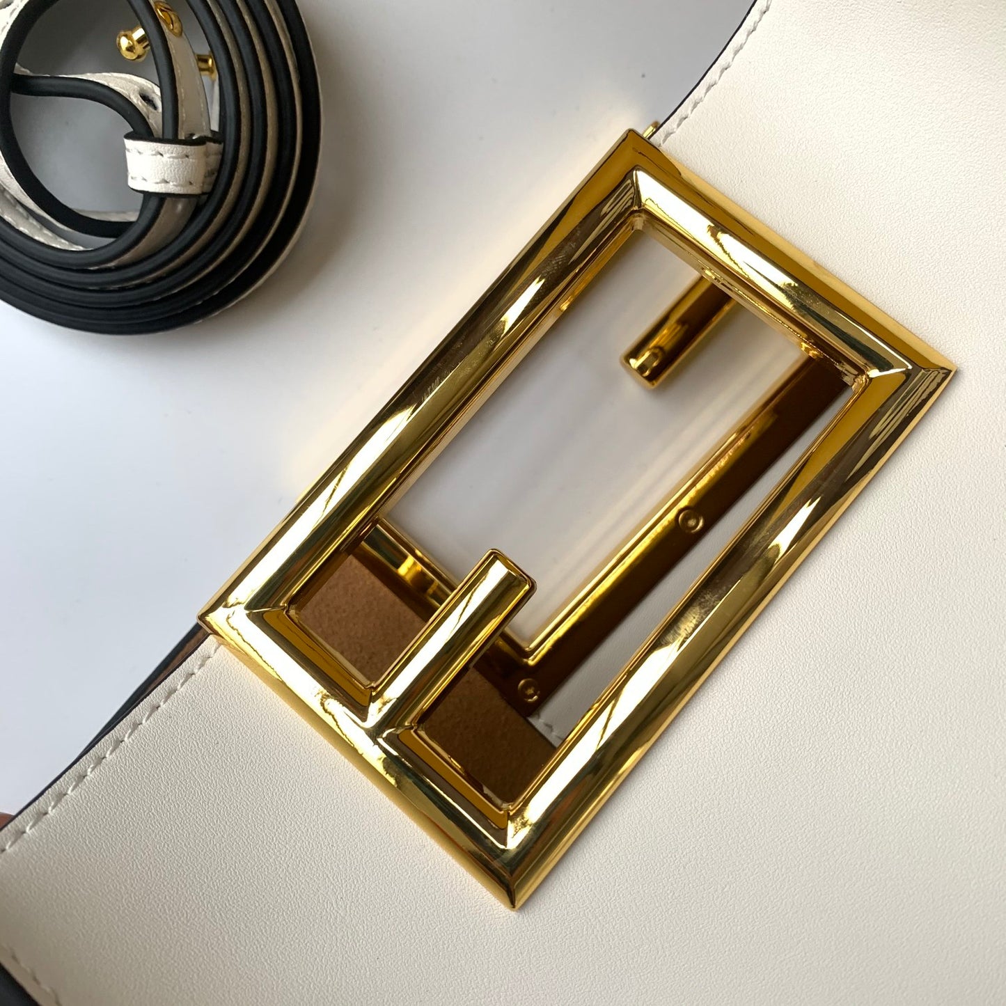 Fendi White Leather Handbag with Gold-Tone FF Logo Buckle