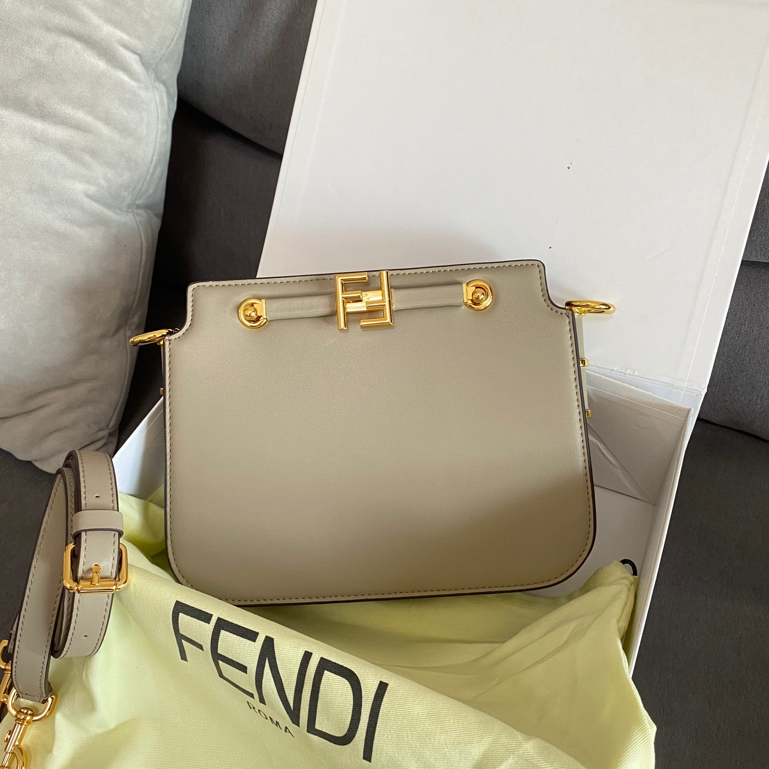 Fendi Grey Leather Shoulder Bag with Gold-Tone Hardware