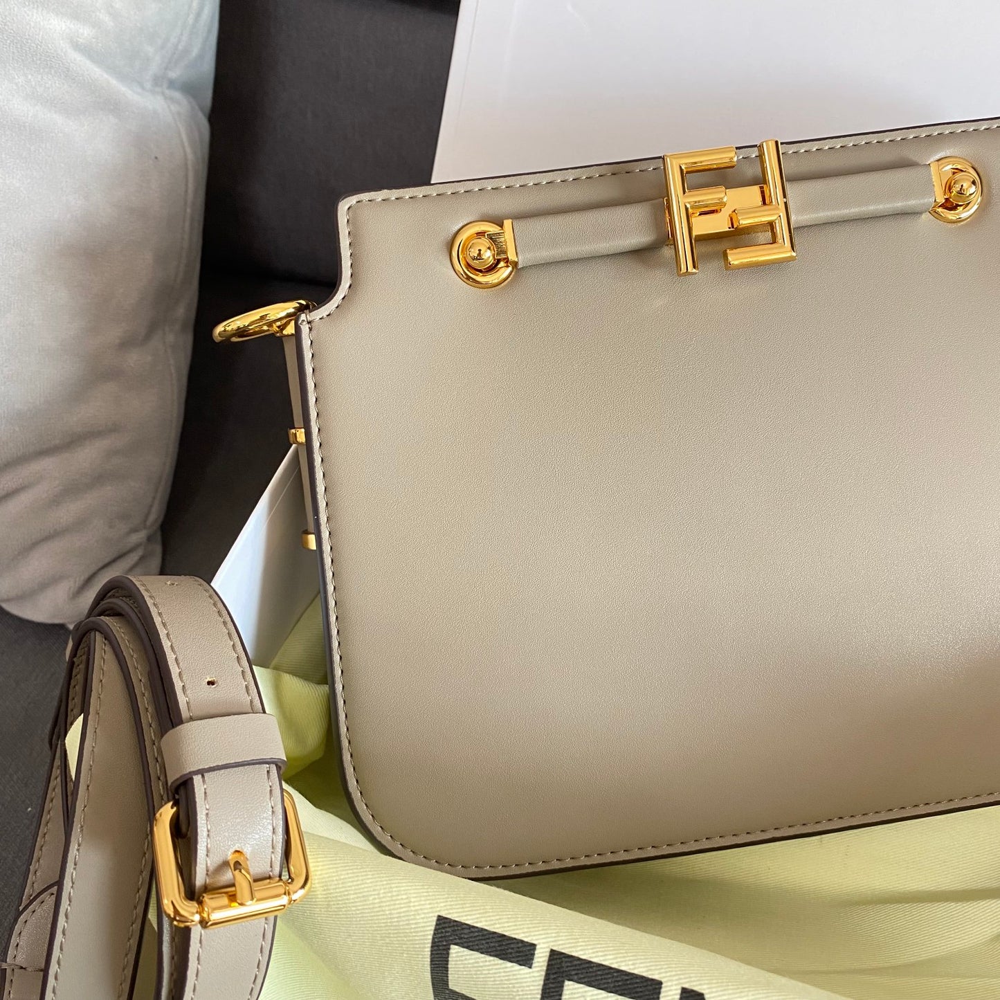 Fendi Grey Leather Shoulder Bag with Gold-Tone Hardware