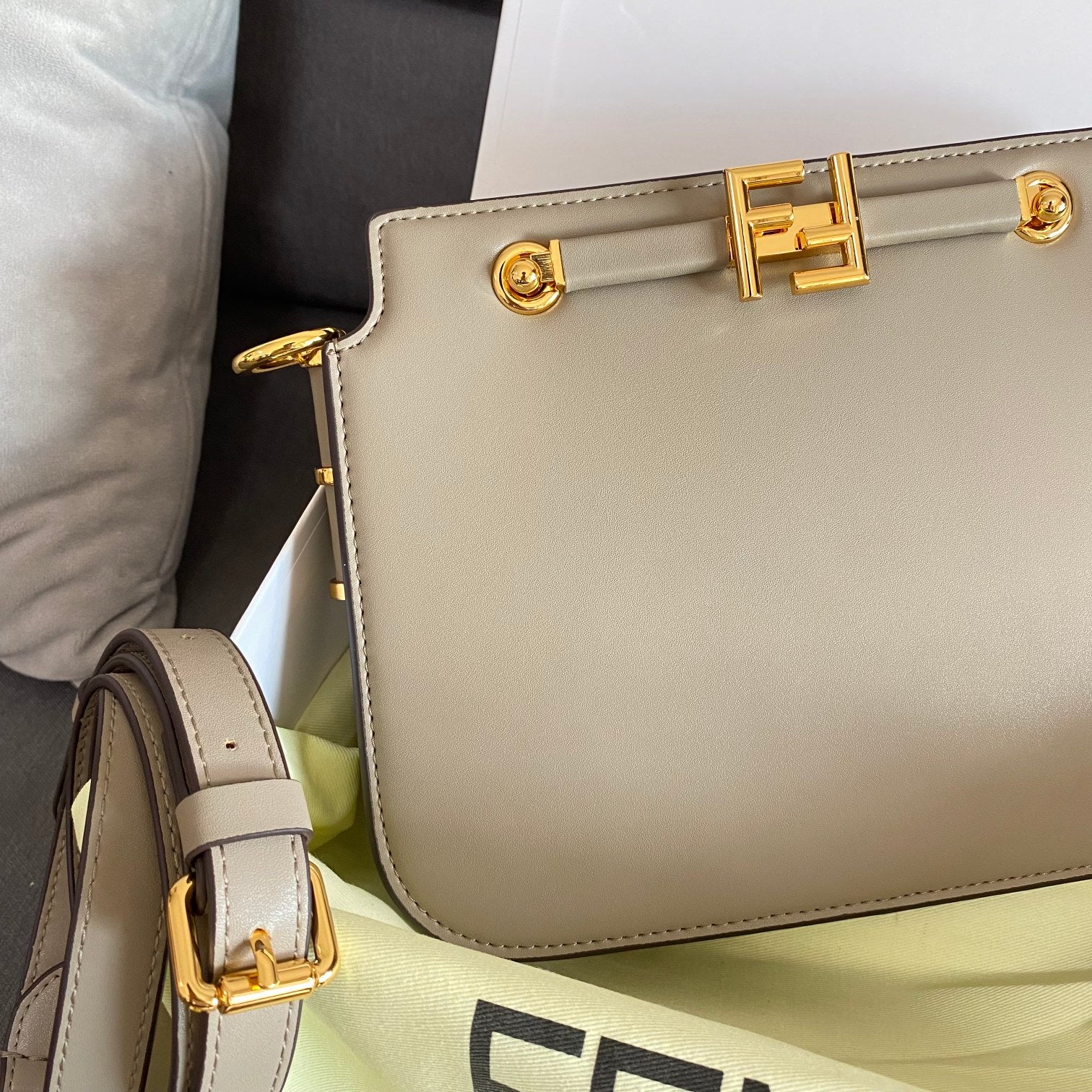 Fendi Grey Leather Shoulder Bag with Gold-Tone Hardware