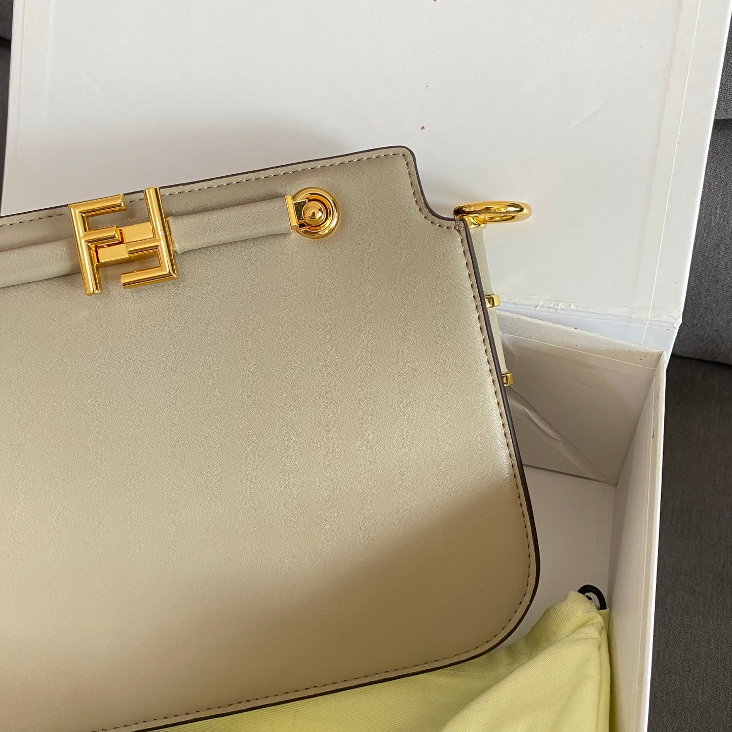 Fendi Grey Leather Shoulder Bag with Gold-Tone Hardware