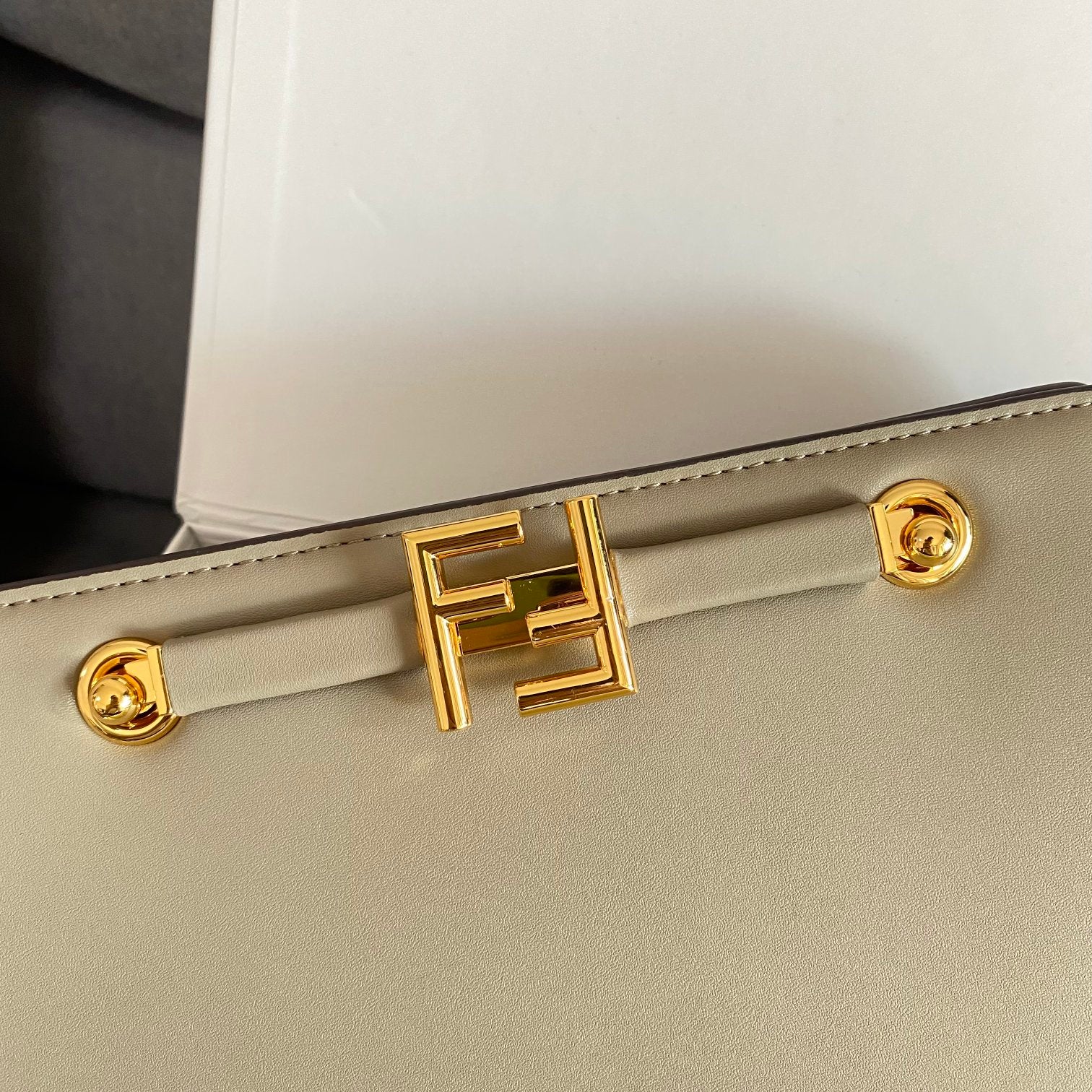 Fendi Grey Leather Shoulder Bag with Gold-Tone Hardware