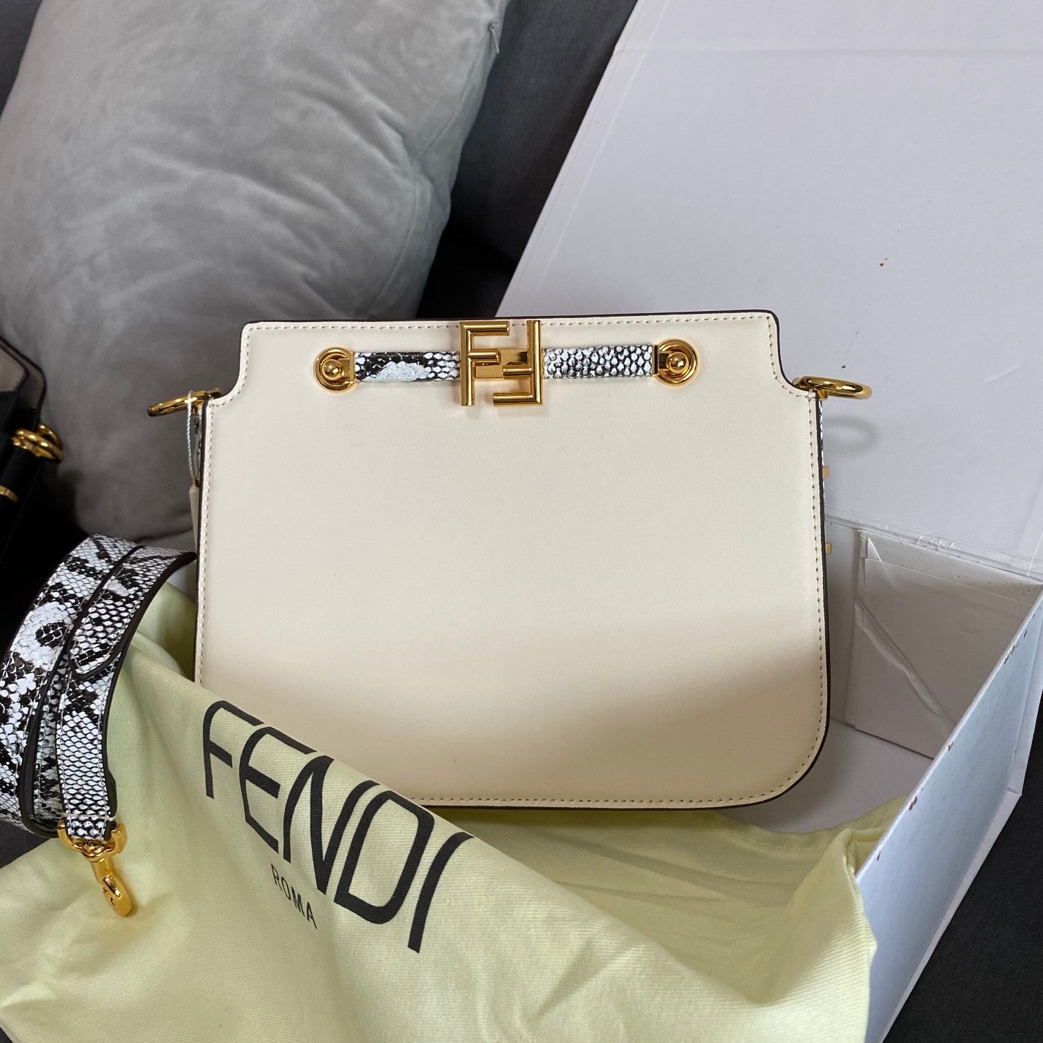 Fendi Kan U White Leather Shoulder Bag with Python-Effect Detail
