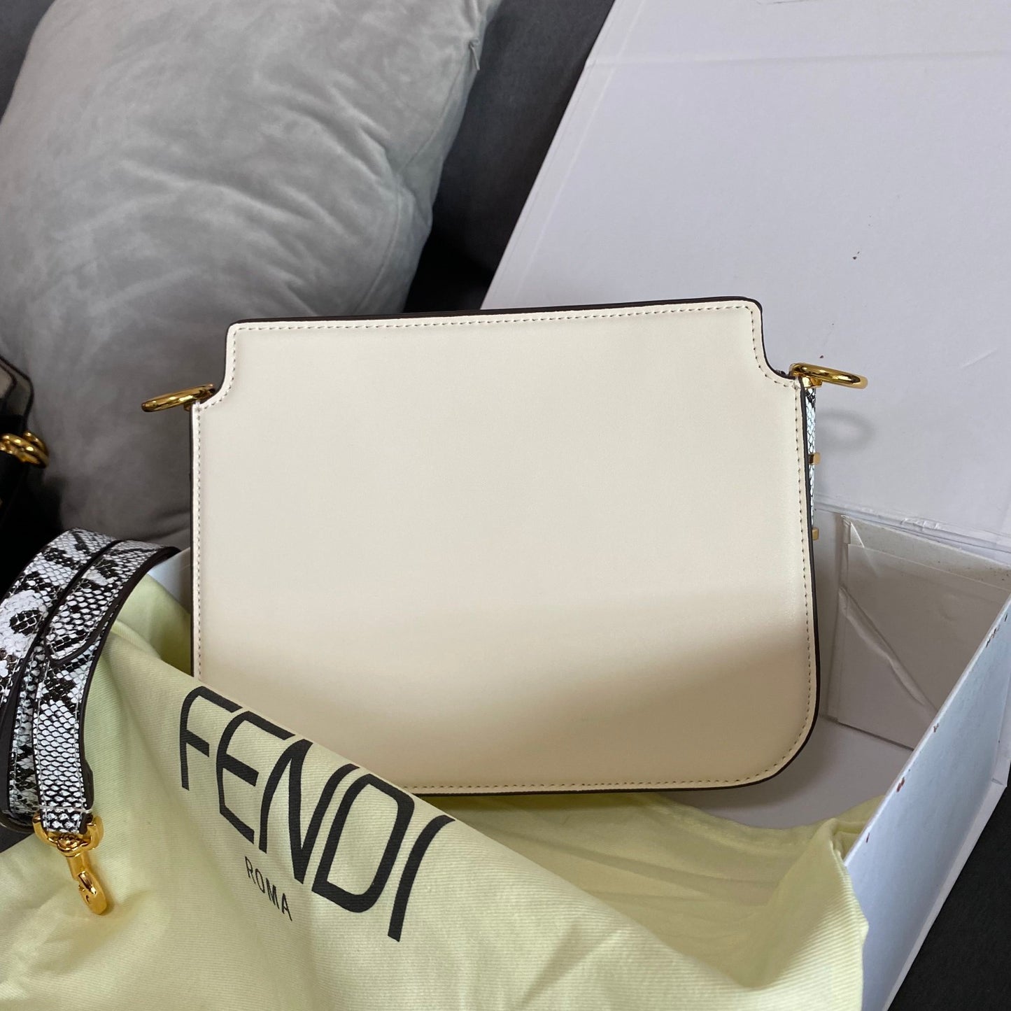 Fendi Women's White Leather O'Lock Handbag with Snake Print Strap and Gold Hardware