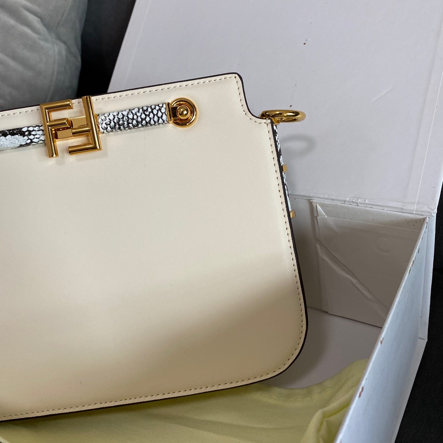 Fendi Women's White Leather O'Lock Handbag with Snake Print Strap and Gold Hardware