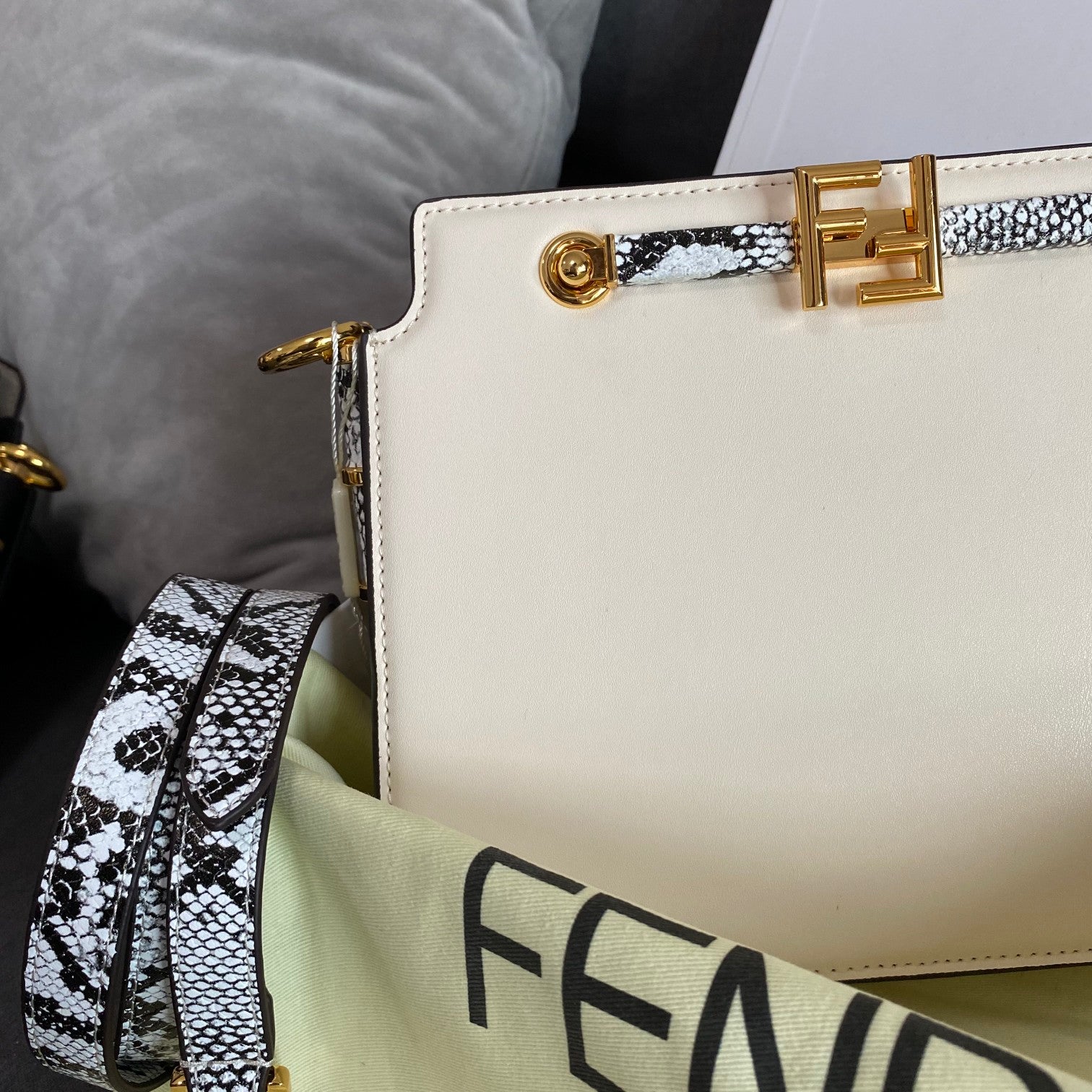 Fendi Women's White Leather O'Lock Handbag with Snake Print Strap and Gold Hardware