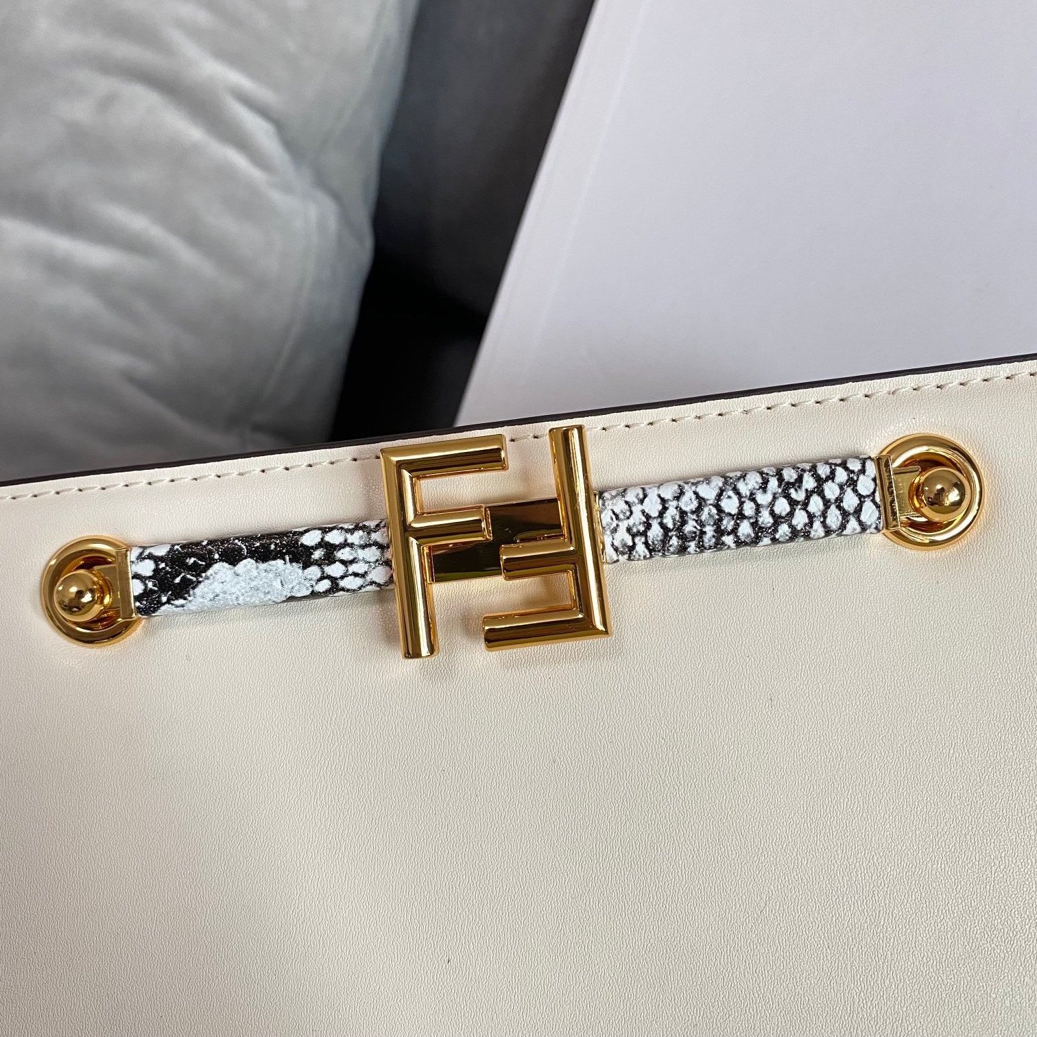 Fendi Women's White Leather O'Lock Handbag with Snake Print Strap and Gold Hardware