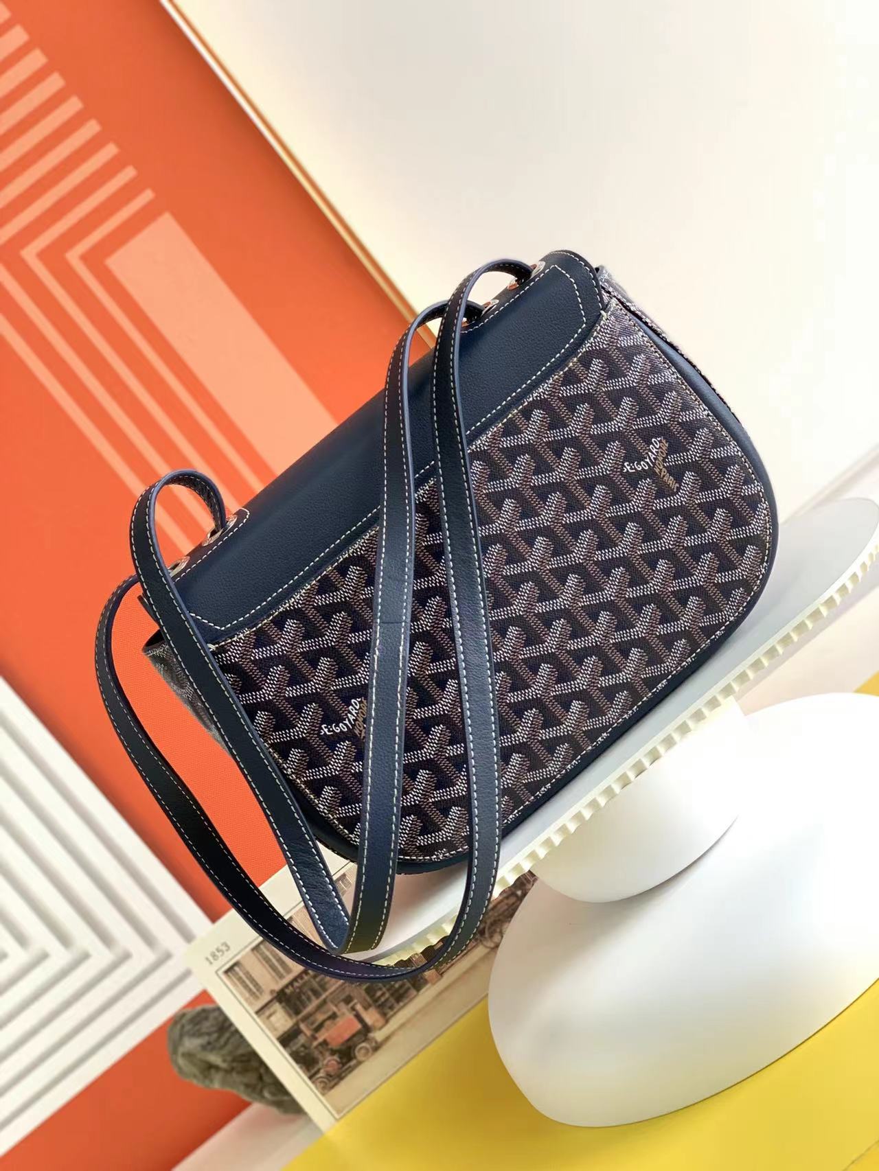 Gogy Classic Navy Blue Chevron Pattern Flap Crossbody Bag with Silver Clasp