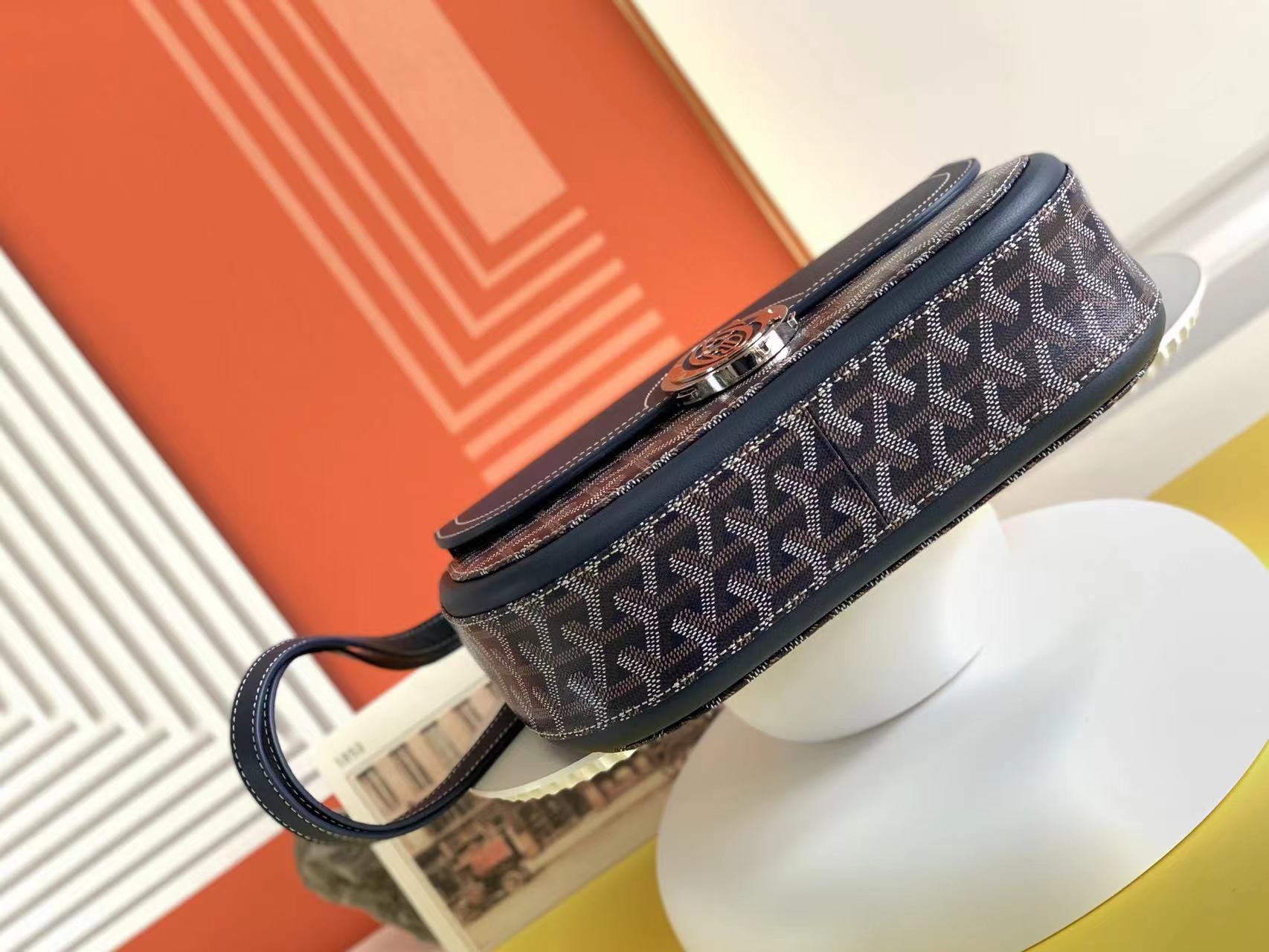 Gogy Classic Navy Blue Chevron Pattern Flap Crossbody Bag with Silver Clasp