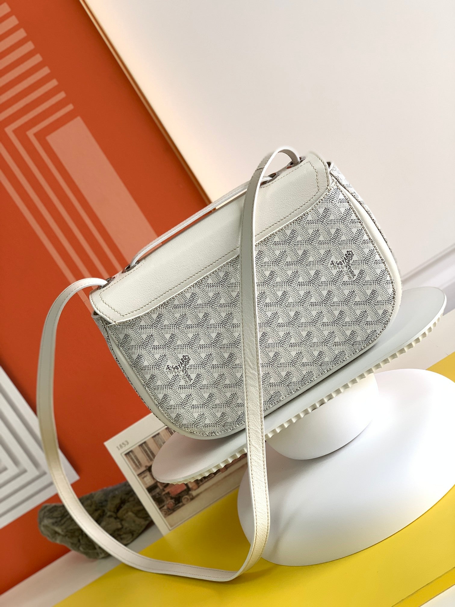 Gogy Elegant White Leather and Grey Patterned Crossbody Shoulder Bag
