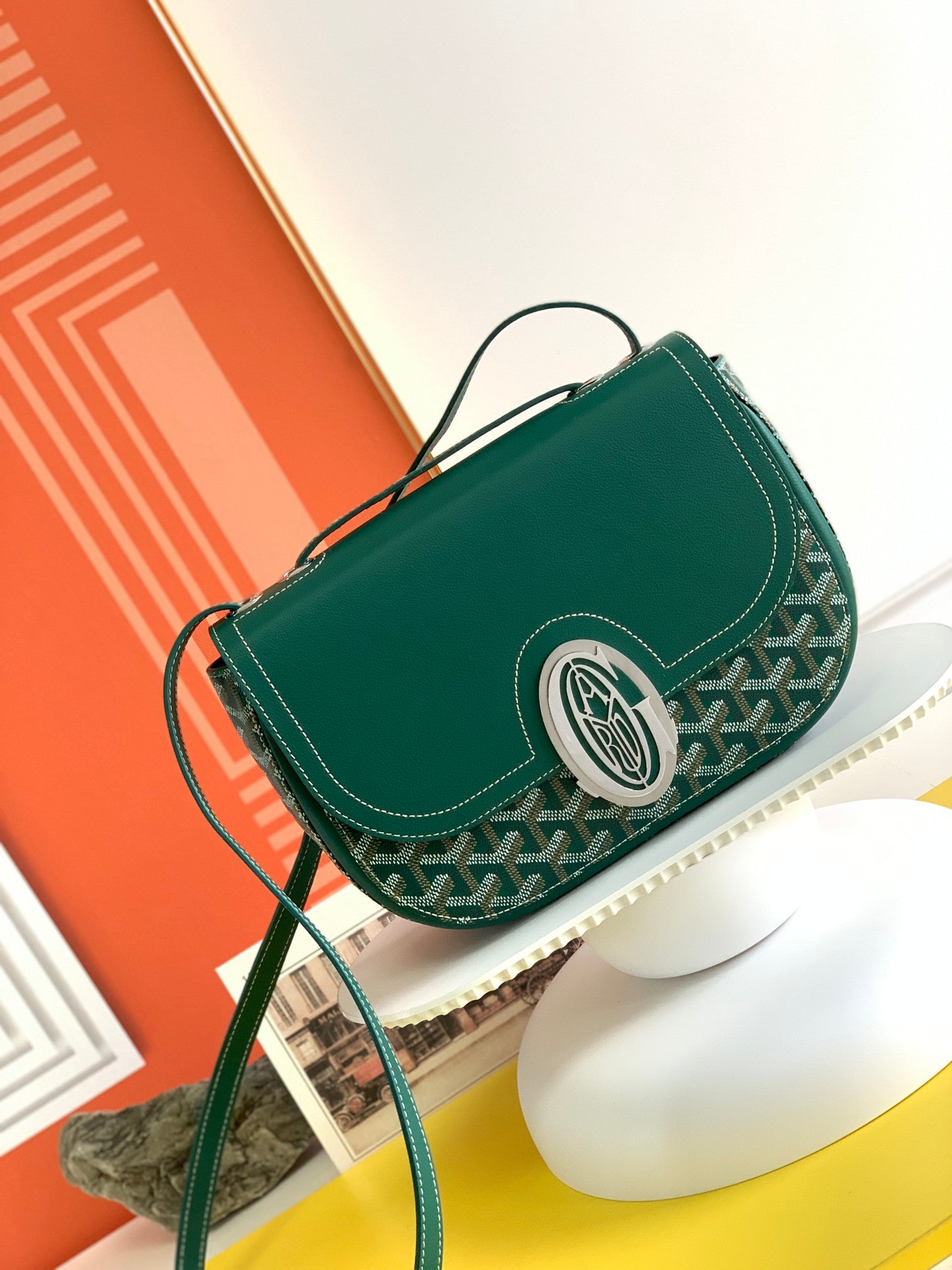Gogy Classic Green Leather Crossbody Bag with Chevron Pattern and Silver Buckle