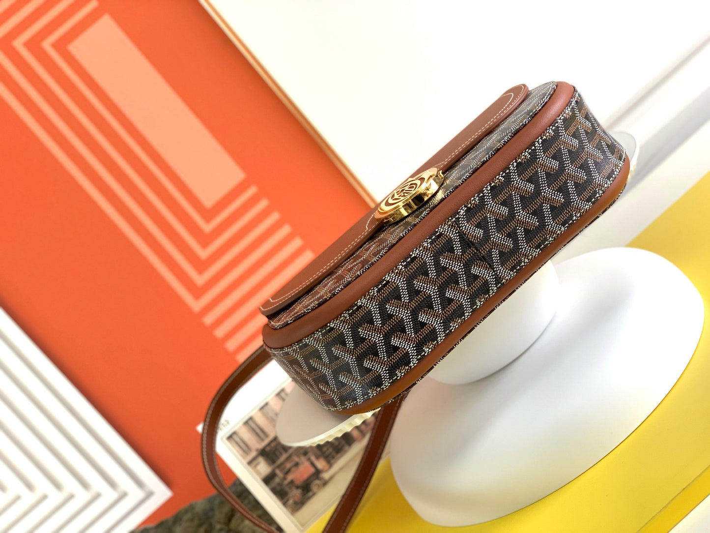 Gogy Vintage Chevron Pattern Brown Leather Crossbody Shoulder Bag