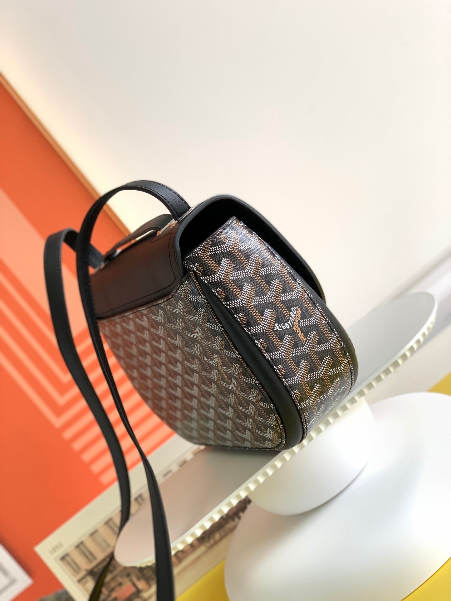 Gogy Black Leather Crossbody Bag with Chevron Monogram Print and Oval Clasp