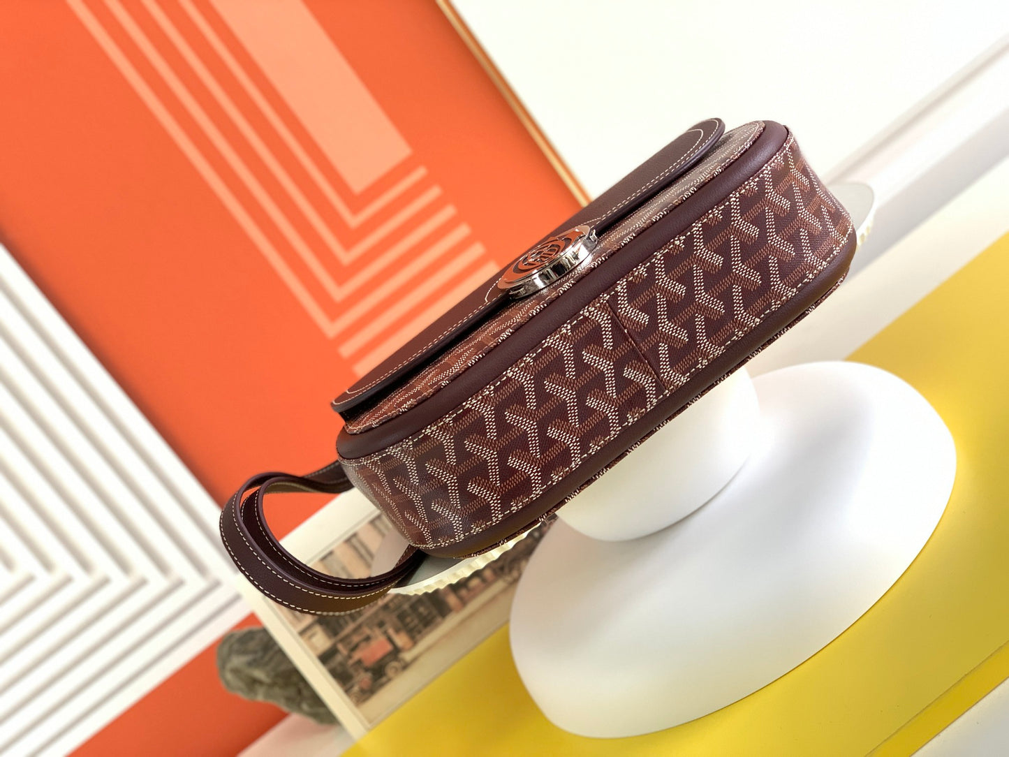 Gogy Burgundy Chevron Pattern Leather Shoulder Bag with Silver Oval Clasp