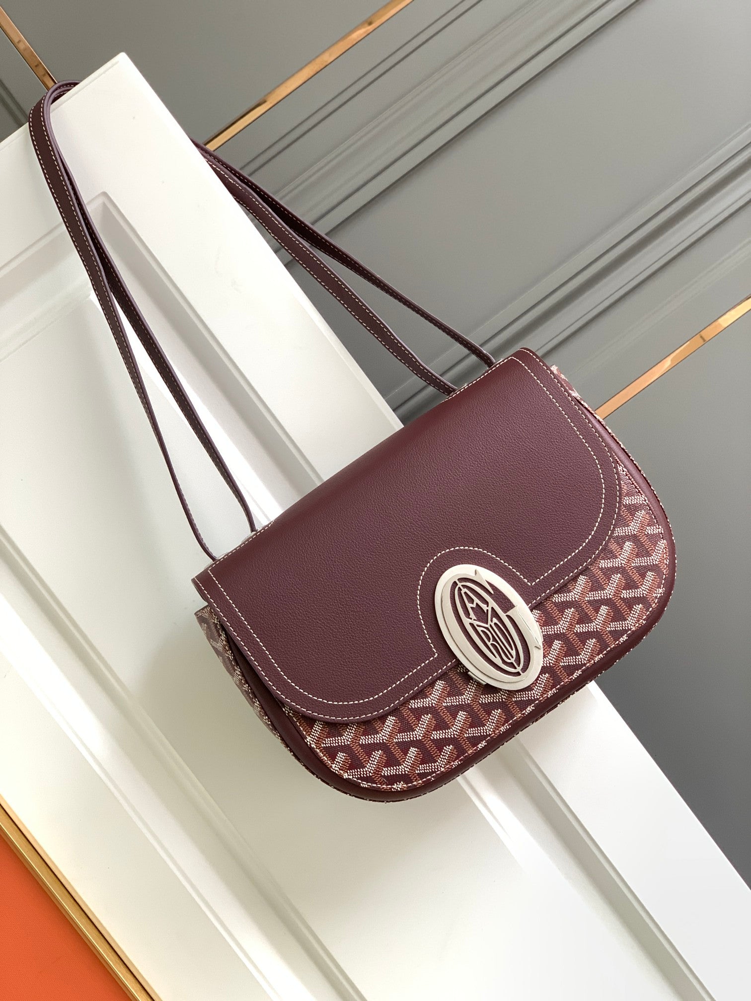 Gogy Luxury Navy Blue Patterned Canvas Shoulder Bag with Silver Emblem