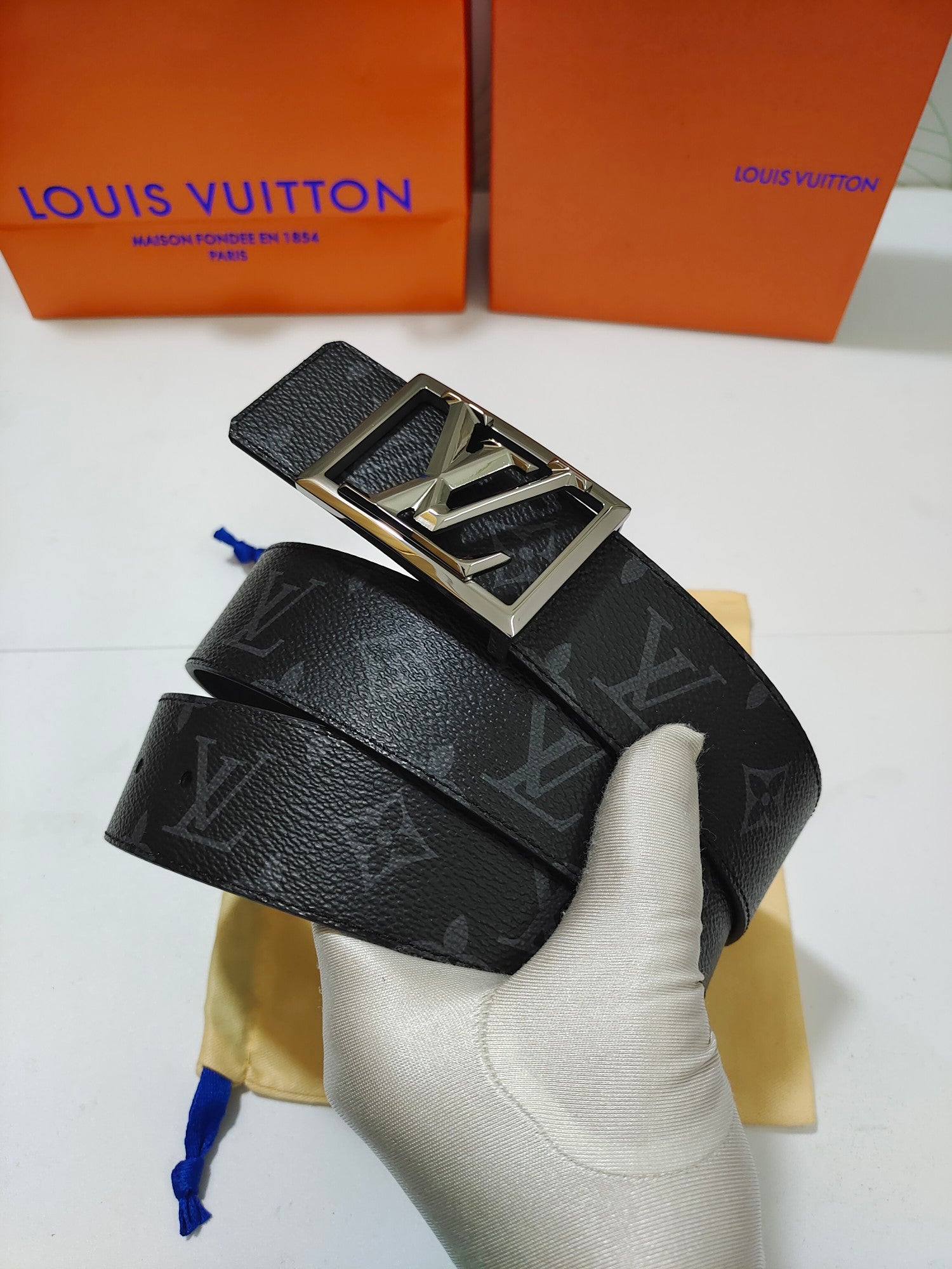Louis Vuitton LV Initials 40mm Belt, Monogram Eclipse Canvas, Black/Grey with Silver-Tone Buckle