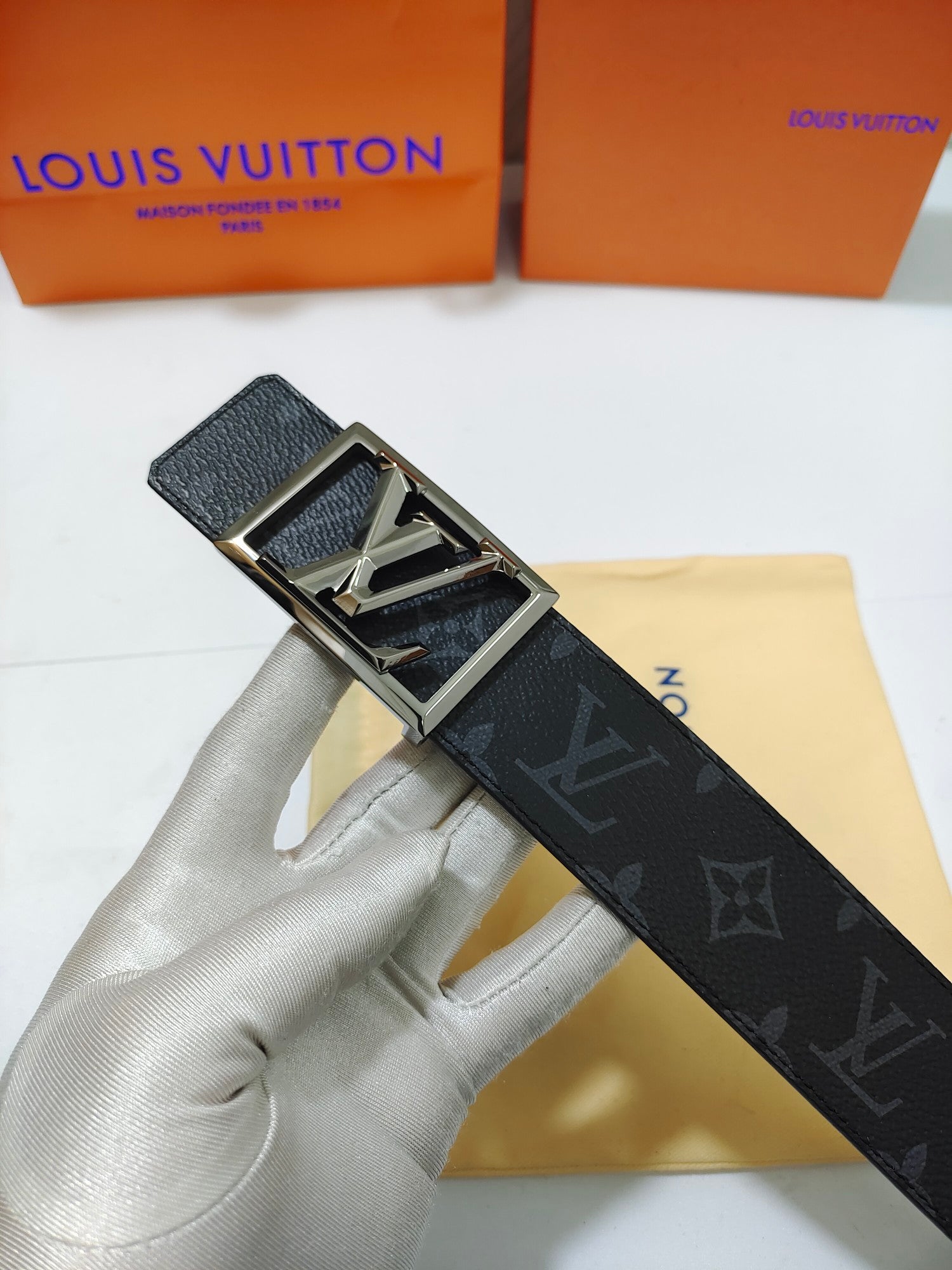 Louis Vuitton LV Initials 40mm Belt, Monogram Eclipse Canvas, Black/Grey with Silver-Tone Buckle
