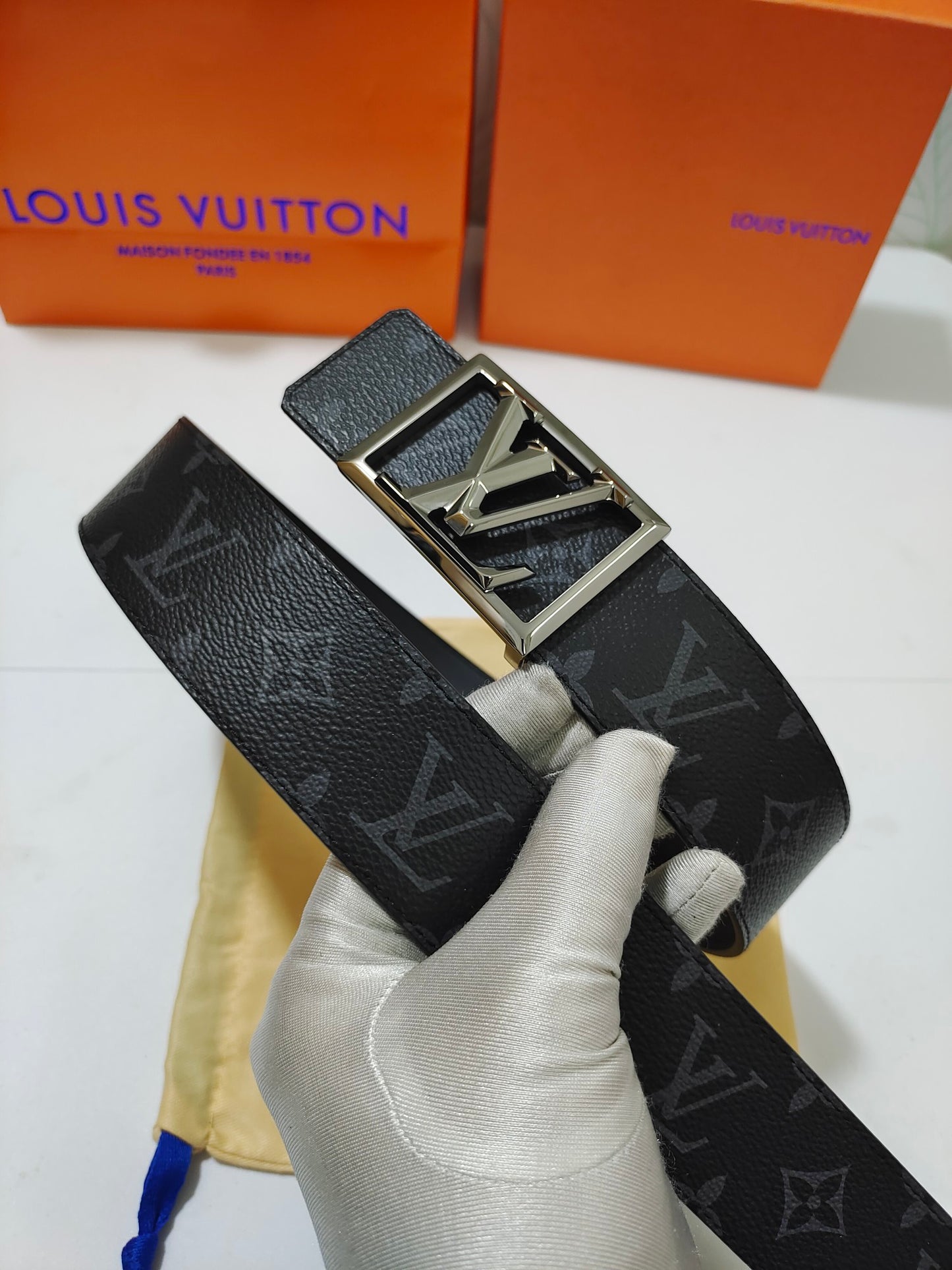 Louis Vuitton LV Initials 40mm Belt, Monogram Eclipse Canvas, Black/Grey with Silver-Tone Buckle