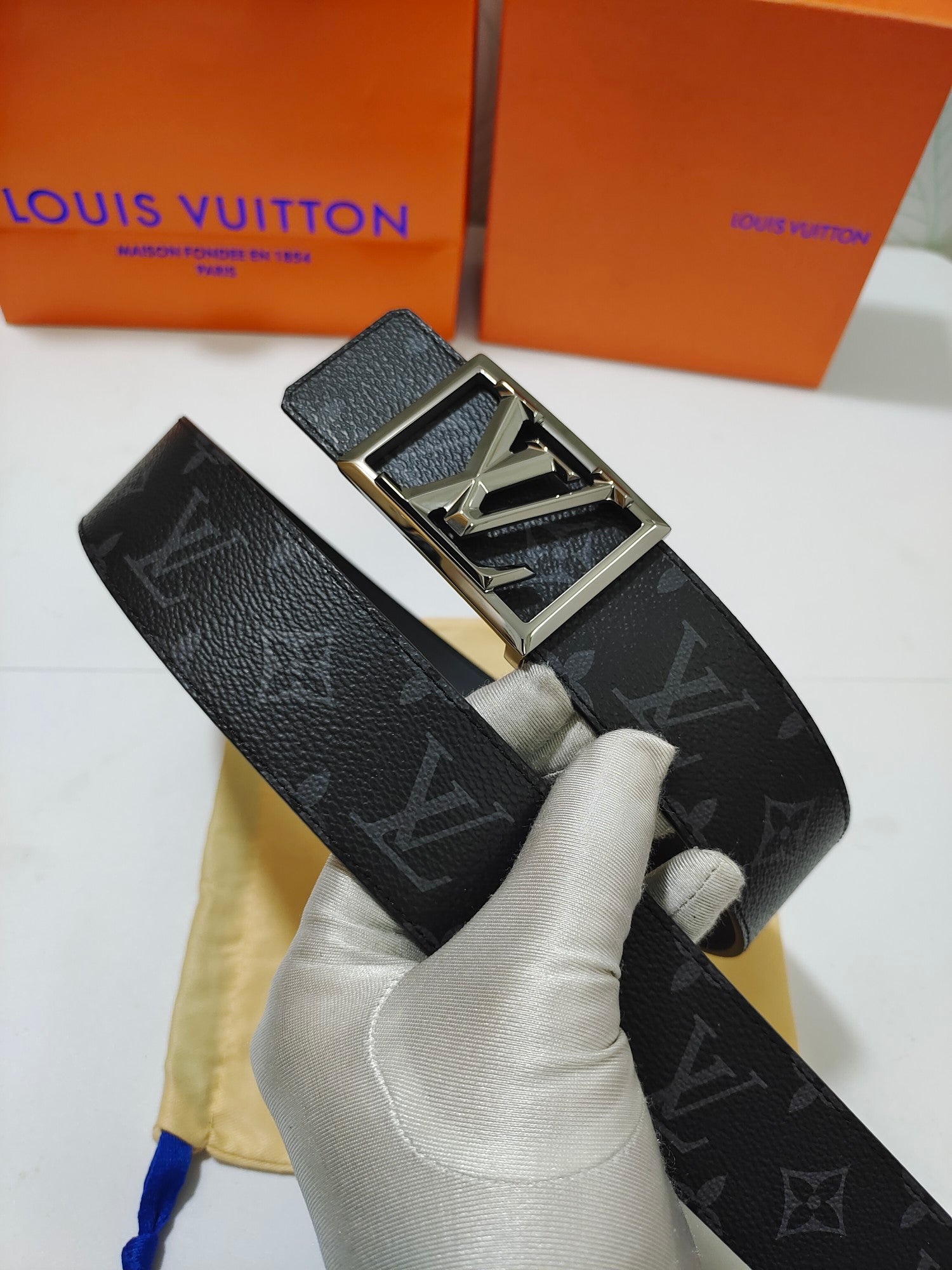 Louis Vuitton LV Initials 40mm Belt, Monogram Eclipse Canvas, Black/Grey with Silver-Tone Buckle