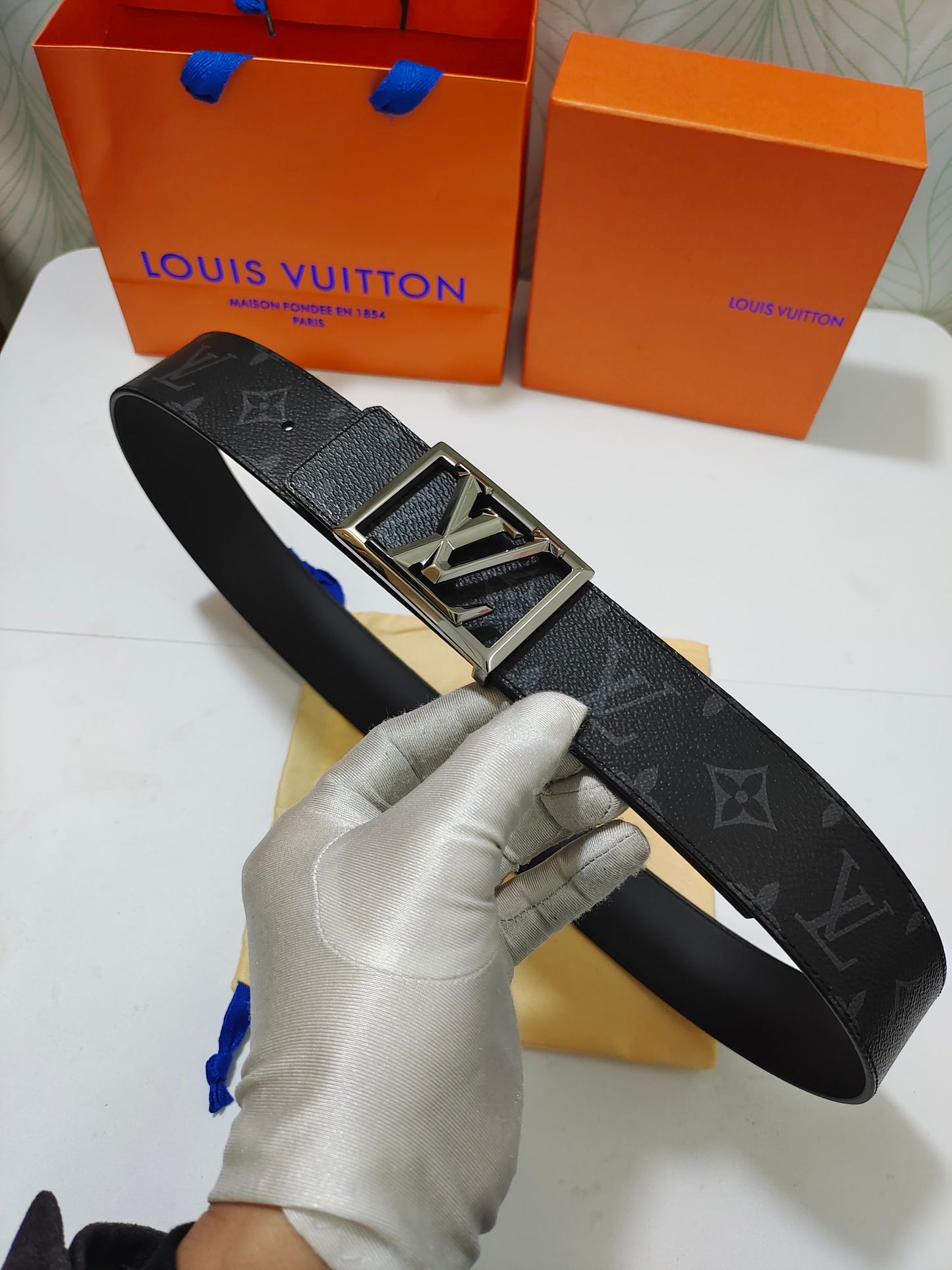 Louis Vuitton LV Initials 40mm Belt, Monogram Eclipse Canvas, Black/Grey with Silver-Tone Buckle