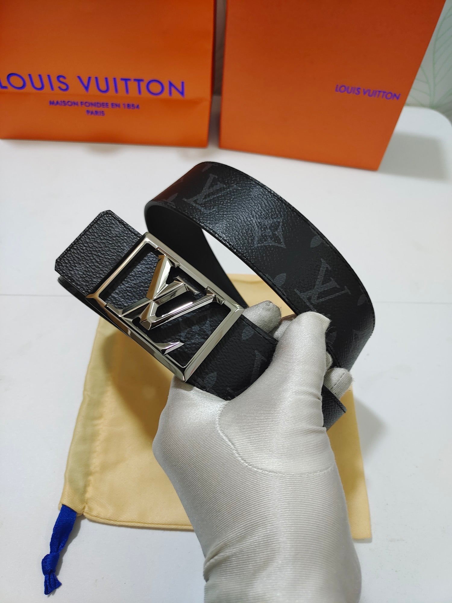 Louis Vuitton LV Initials 40mm Belt, Monogram Eclipse Canvas, Black/Grey with Silver-Tone Buckle