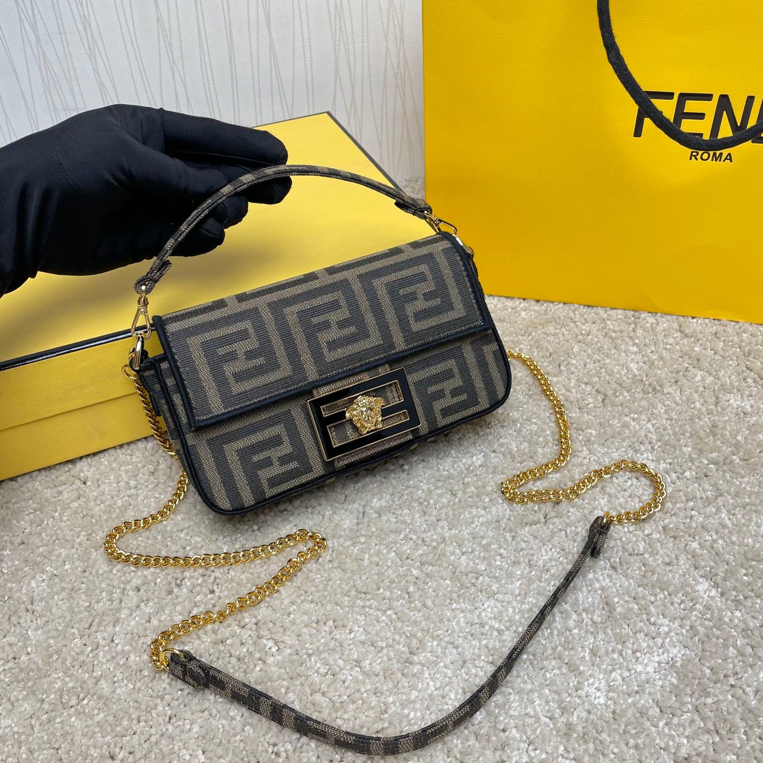 Fendace Baguette Shoulder Bag - Brown FF Monogram &amp; Medusa Gold Hardware