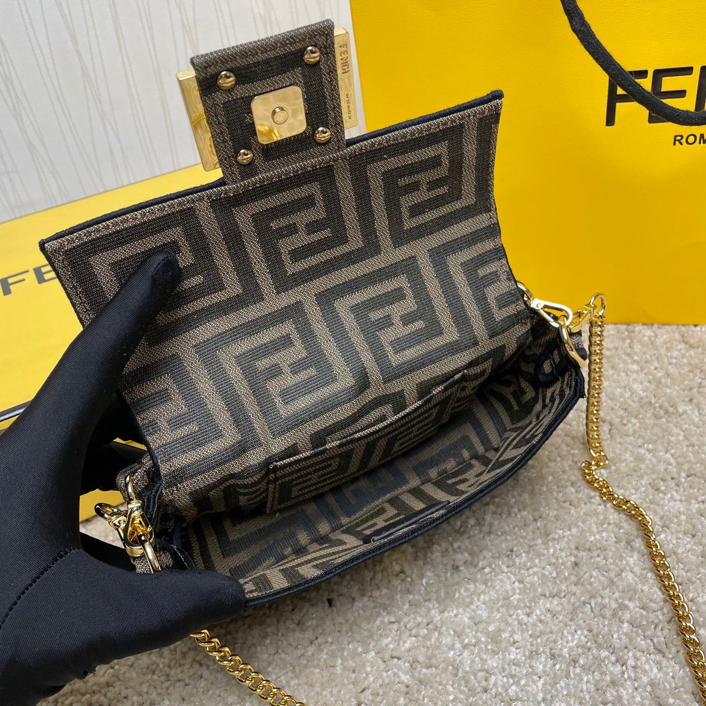 Fendace Baguette Shoulder Bag - Brown FF Monogram &amp; Medusa Gold Hardware