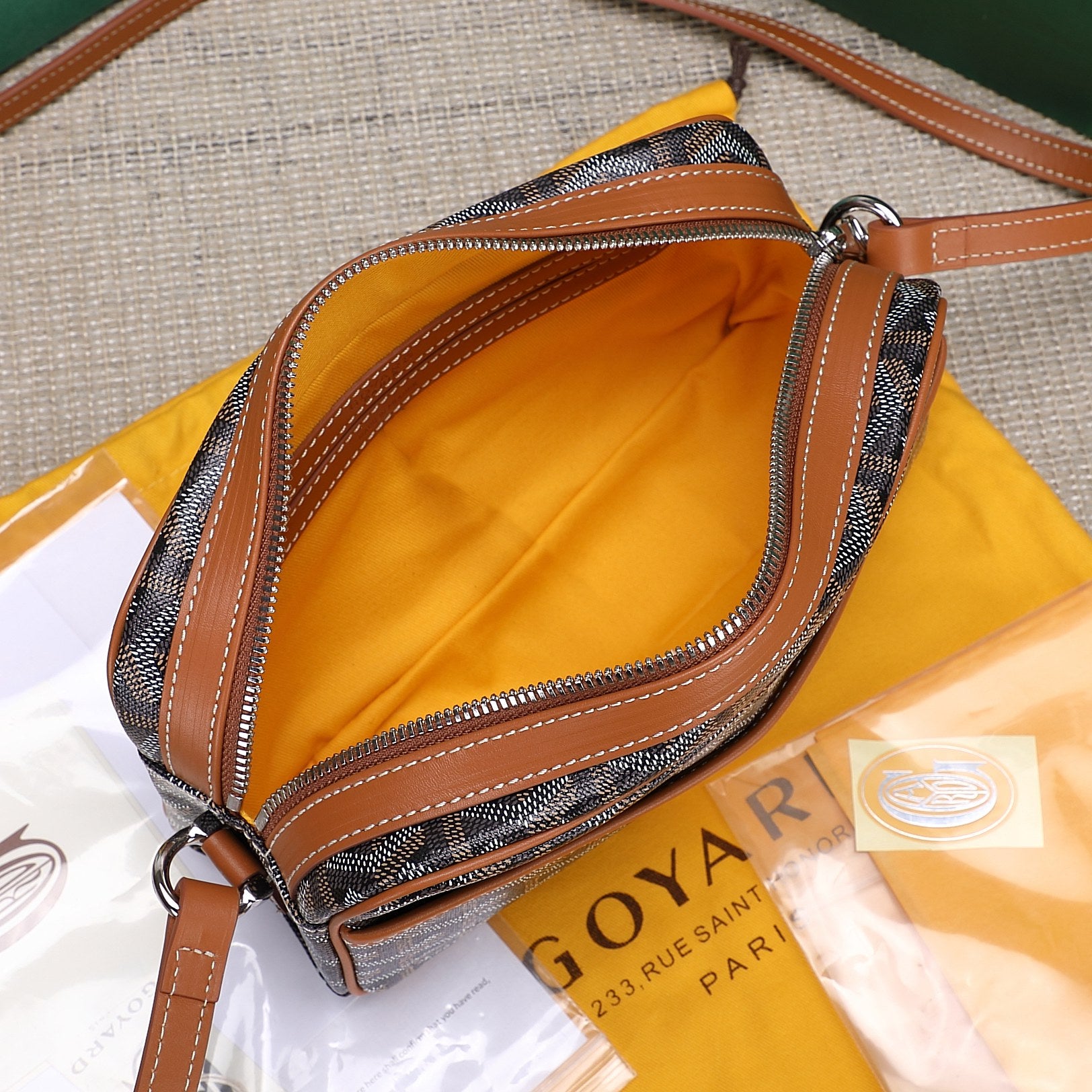 Gogy Classic Monogram Canvas Crossbody Camera Bag with Stripe Detail