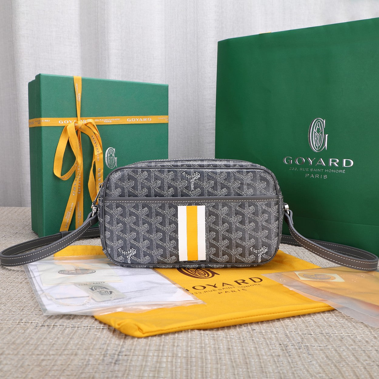 Gogy Grey Chevron Pattern Crossbody Camera Bag with Yellow Stripe Detail