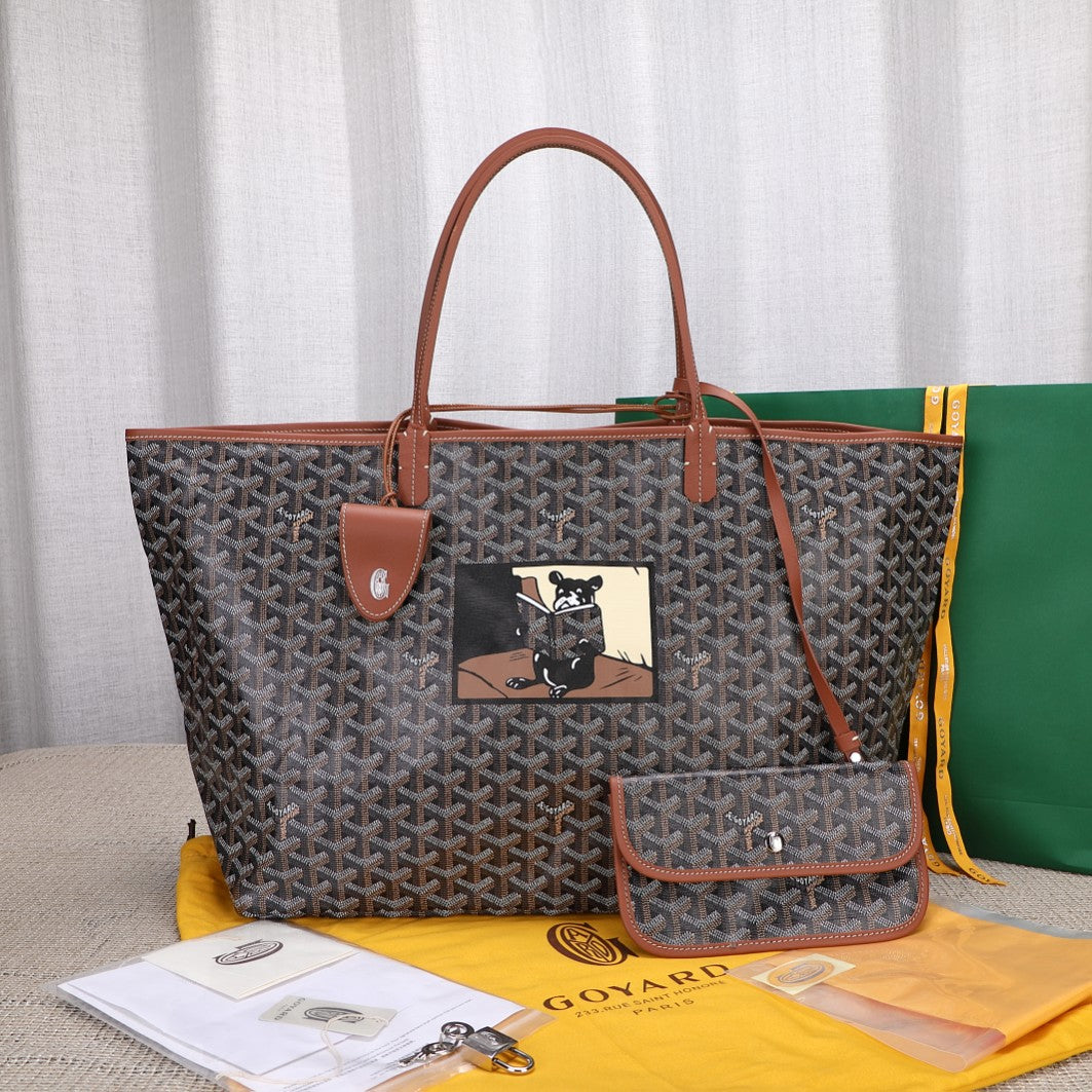 Gogy Classic Chevron Print Tote Bag with Cartoon Patch and Pouch