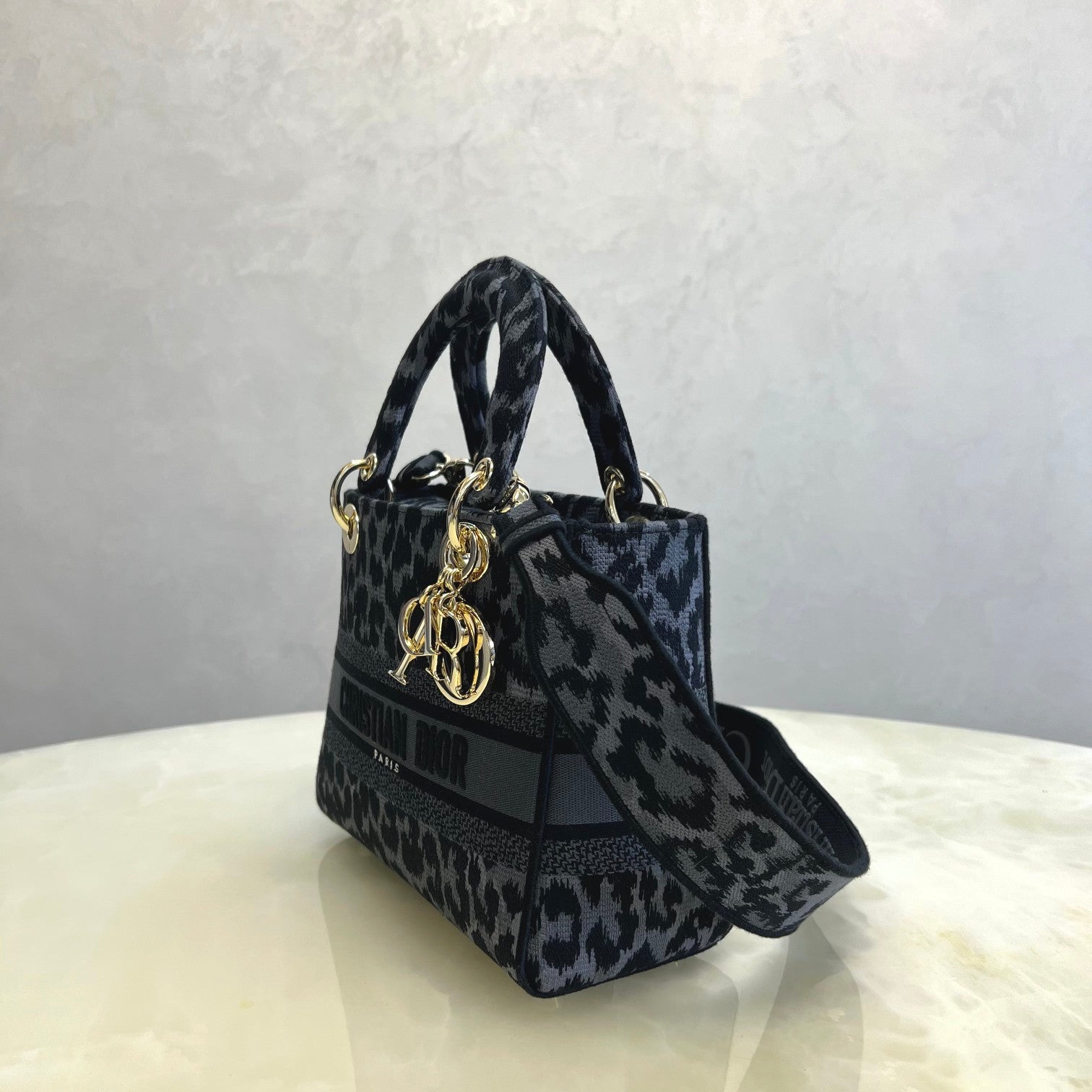 Dior Grey Leopard Print Canvas Mini Handbag with Shoulder Strap