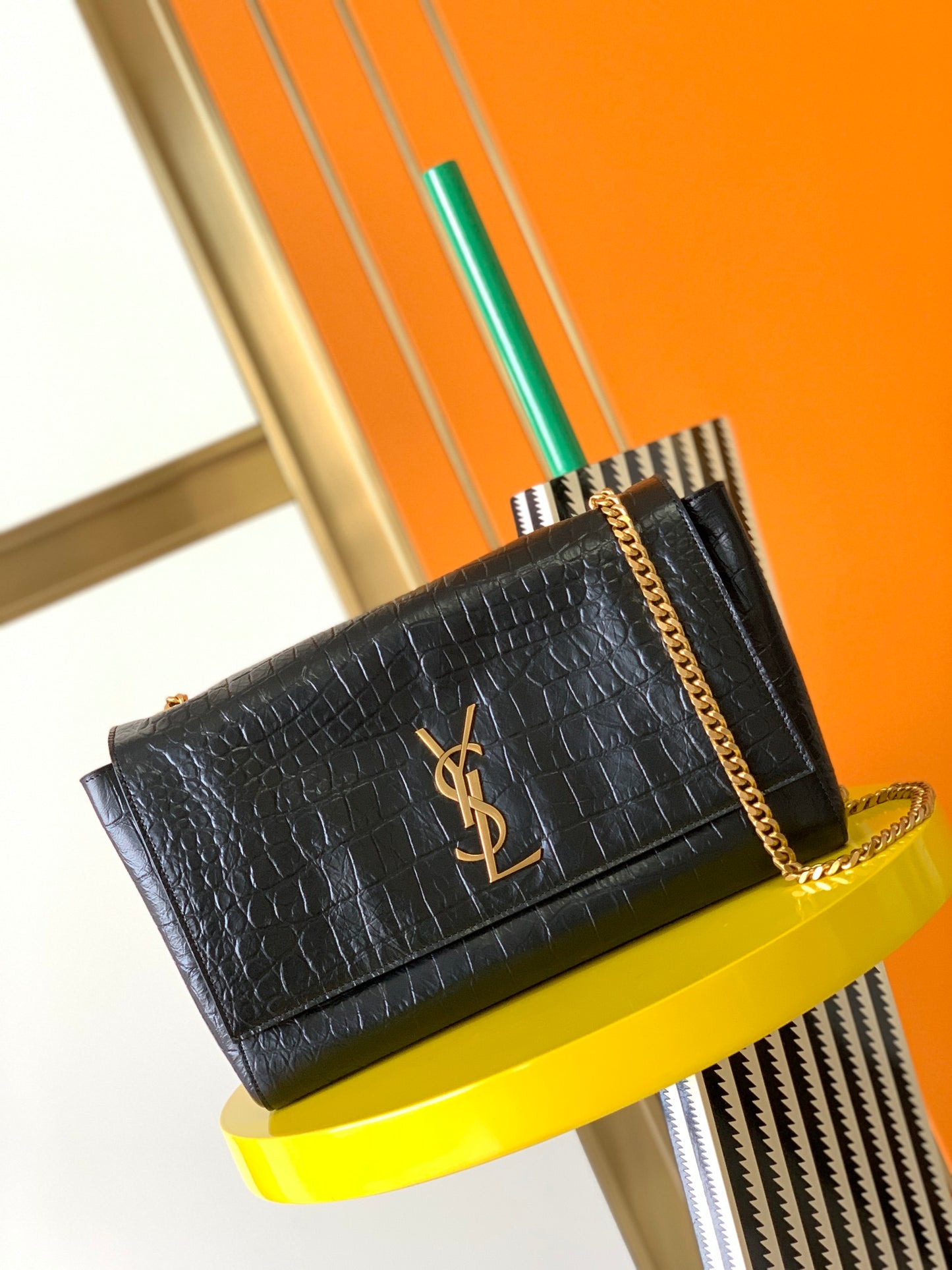 Saint Laurent Sunset Medium Shoulder Bag in Crocodile-Embossed Leather - Black/Gold
