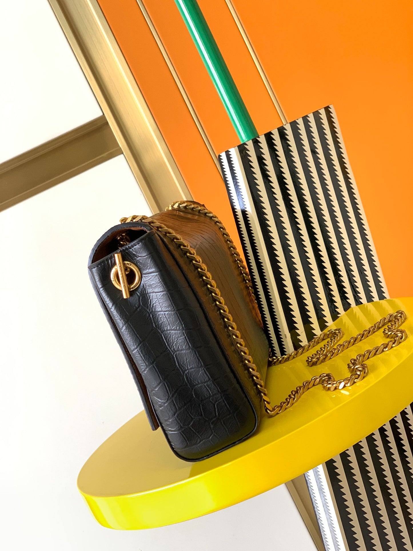 Saint Laurent Sunset Medium Shoulder Bag in Crocodile-Embossed Leather - Black/Gold