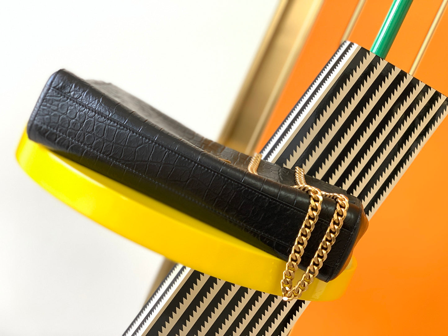 Saint Laurent Sunset Medium Shoulder Bag in Crocodile-Embossed Leather - Black/Gold