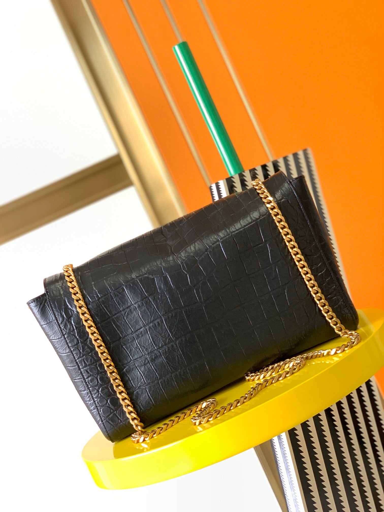Saint Laurent Sunset Medium Shoulder Bag in Crocodile-Embossed Leather - Black/Gold