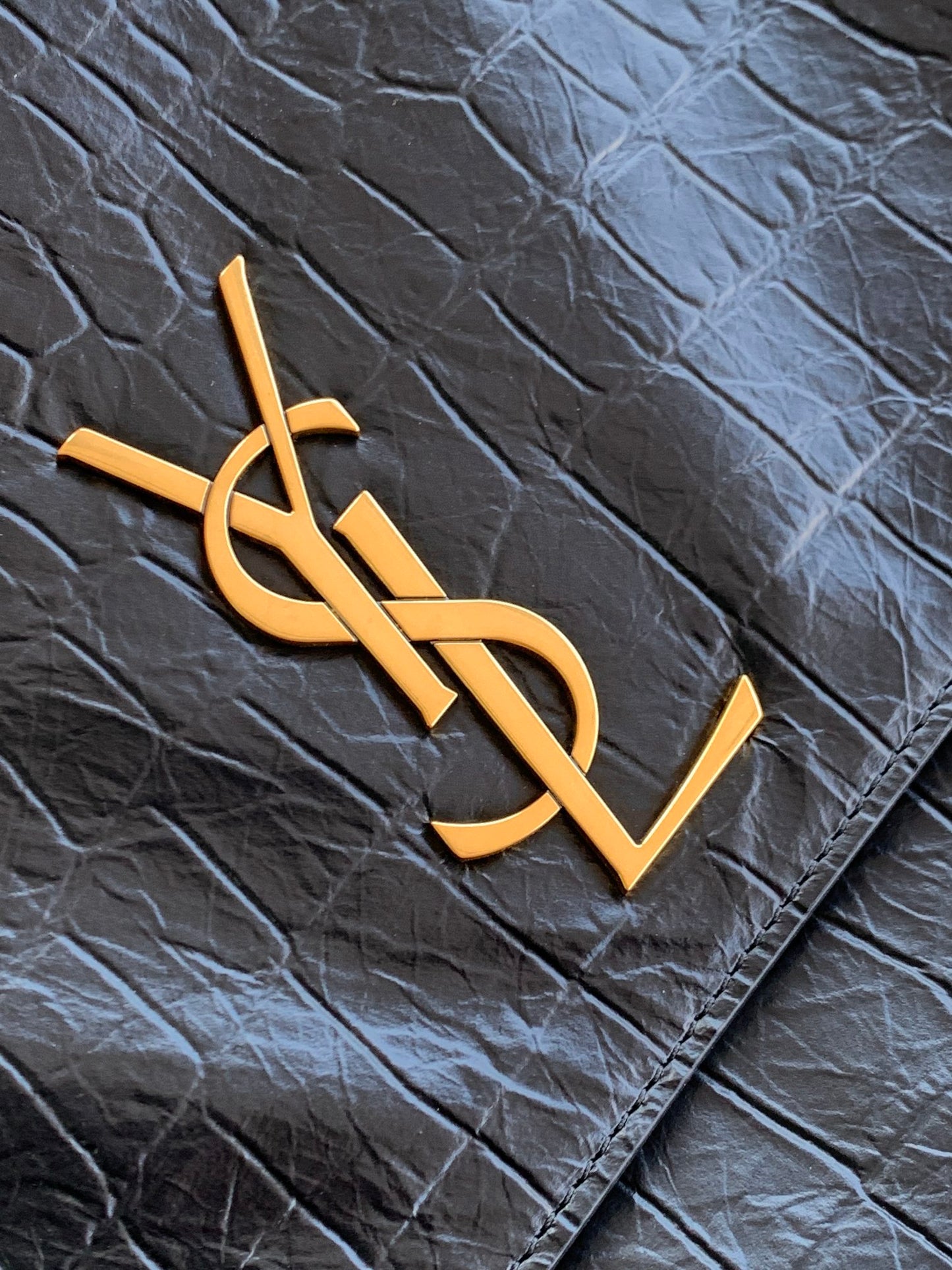 Saint Laurent Sunset Medium Shoulder Bag in Crocodile-Embossed Leather - Black/Gold