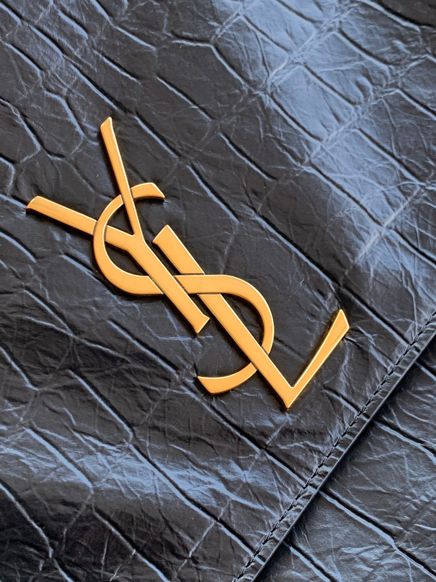 Saint Laurent Sunset Medium Shoulder Bag in Crocodile-Embossed Leather - Black/Gold