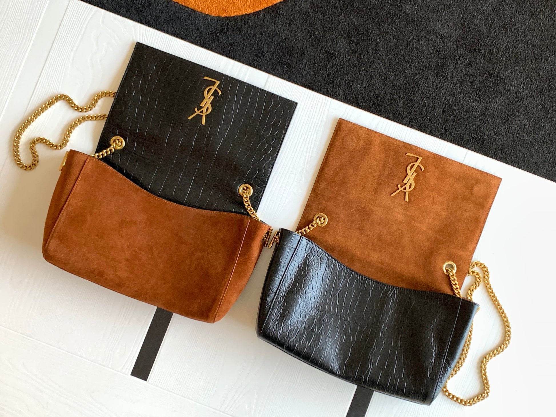 Saint Laurent Sunset Medium Shoulder Bag in Crocodile-Embossed Leather - Black/Gold