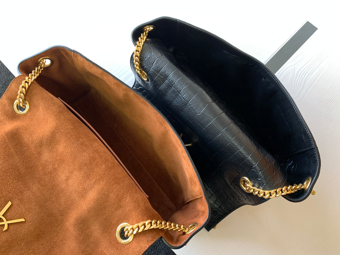 Saint Laurent Sunset Medium Shoulder Bag in Crocodile-Embossed Leather - Black/Gold