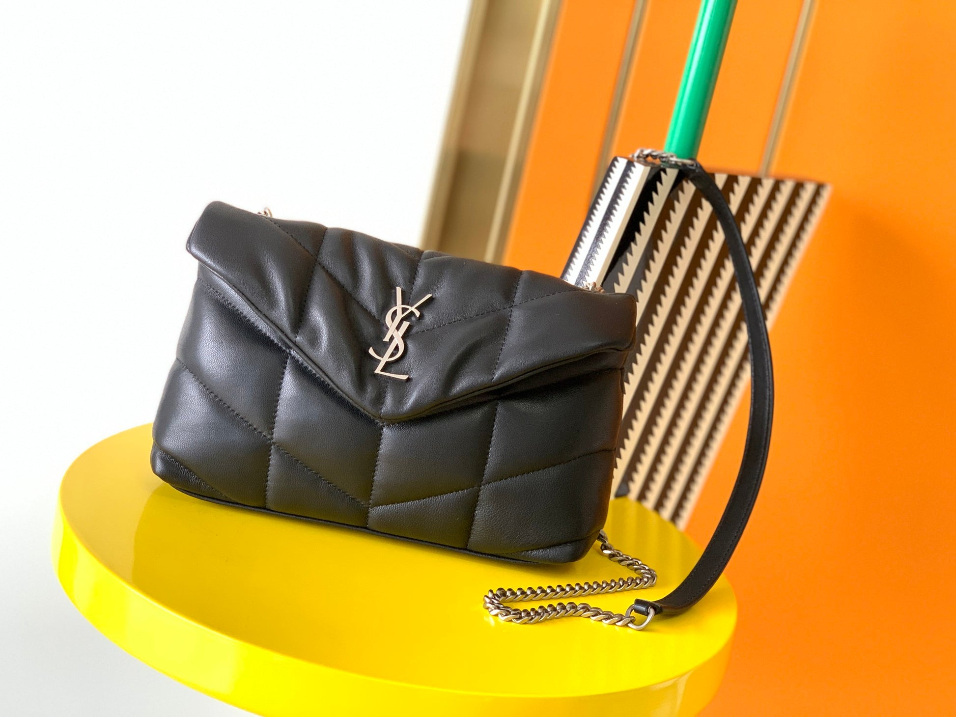 Saint Laurent Small Loulou Puffer Shoulder Bag in Black Quilted Lambskin
