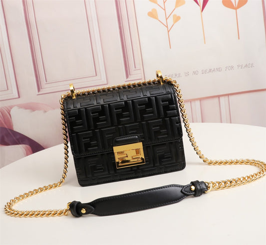 Fendi Kan I Black Embossed FF Logo Leather Shoulder Bag with Gold Chain