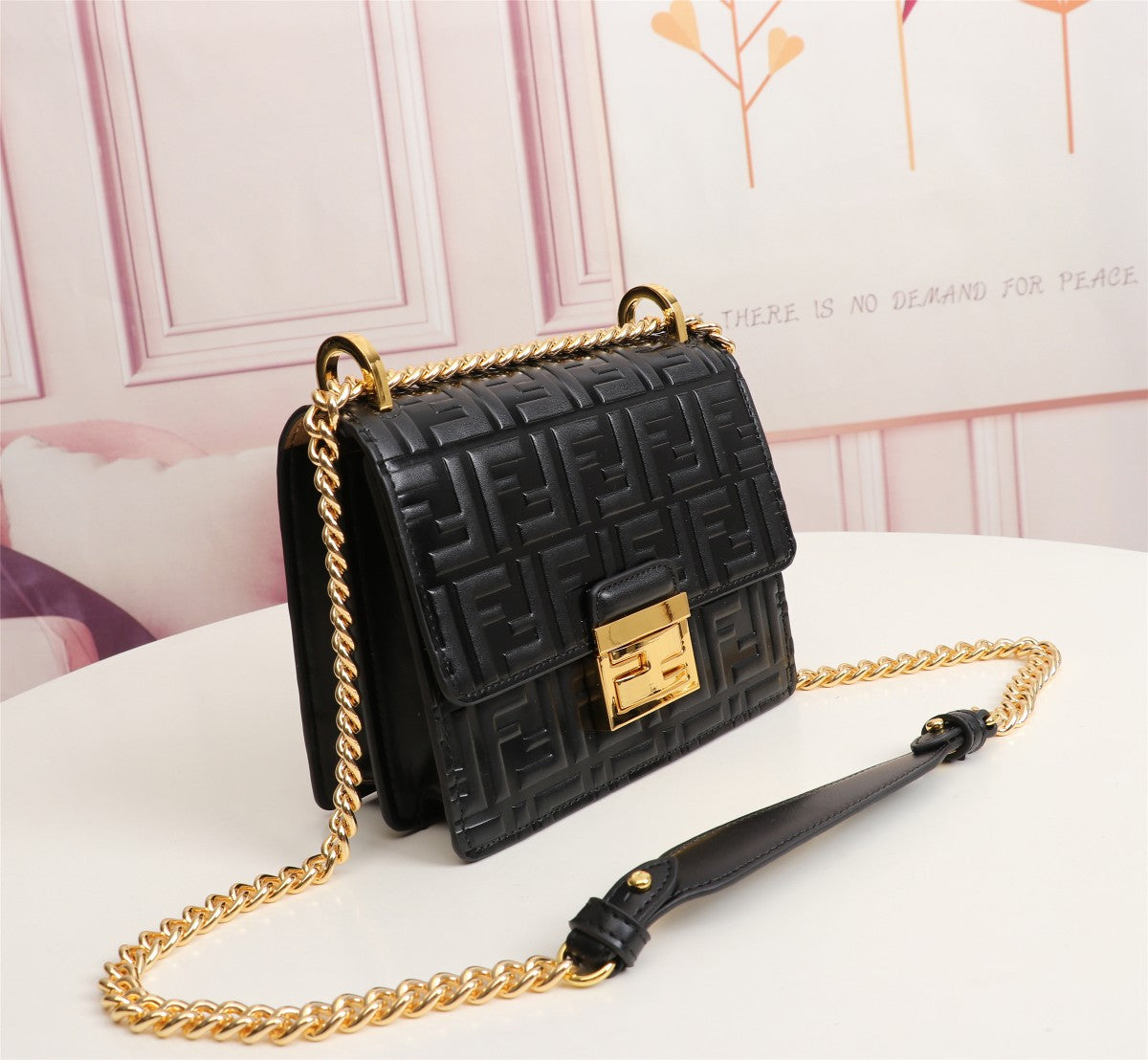 Fendi Kan I Black Embossed FF Logo Leather Shoulder Bag with Gold Chain