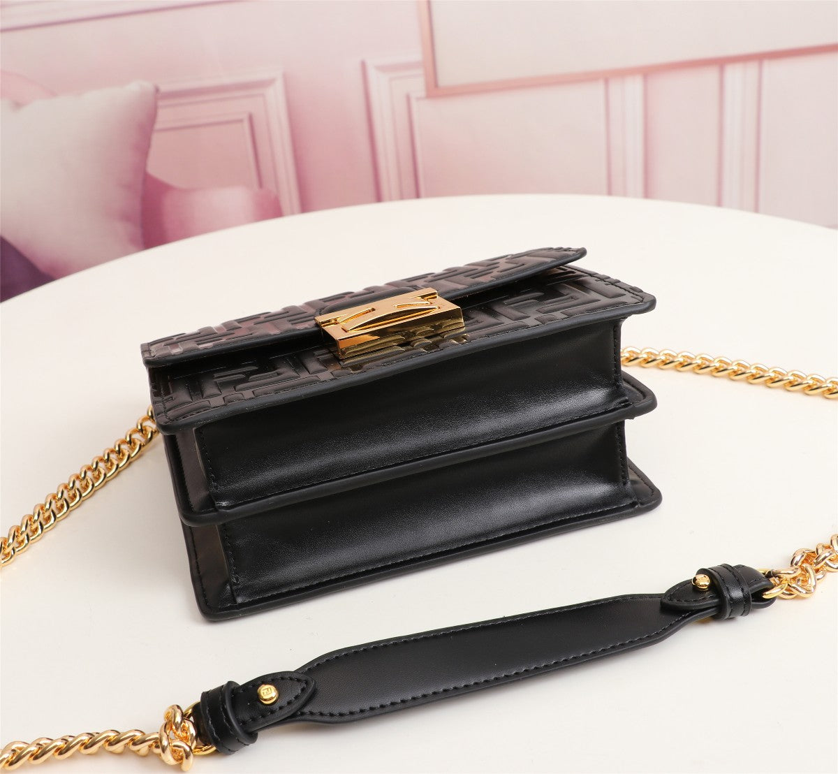 Fendi Kan I Black Embossed FF Logo Leather Shoulder Bag with Gold Chain