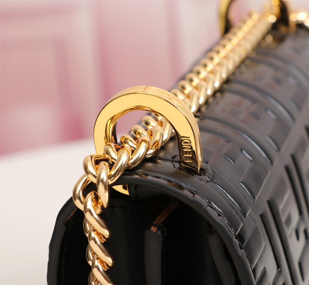 Fendi Kan I Black Embossed FF Logo Leather Shoulder Bag with Gold Chain