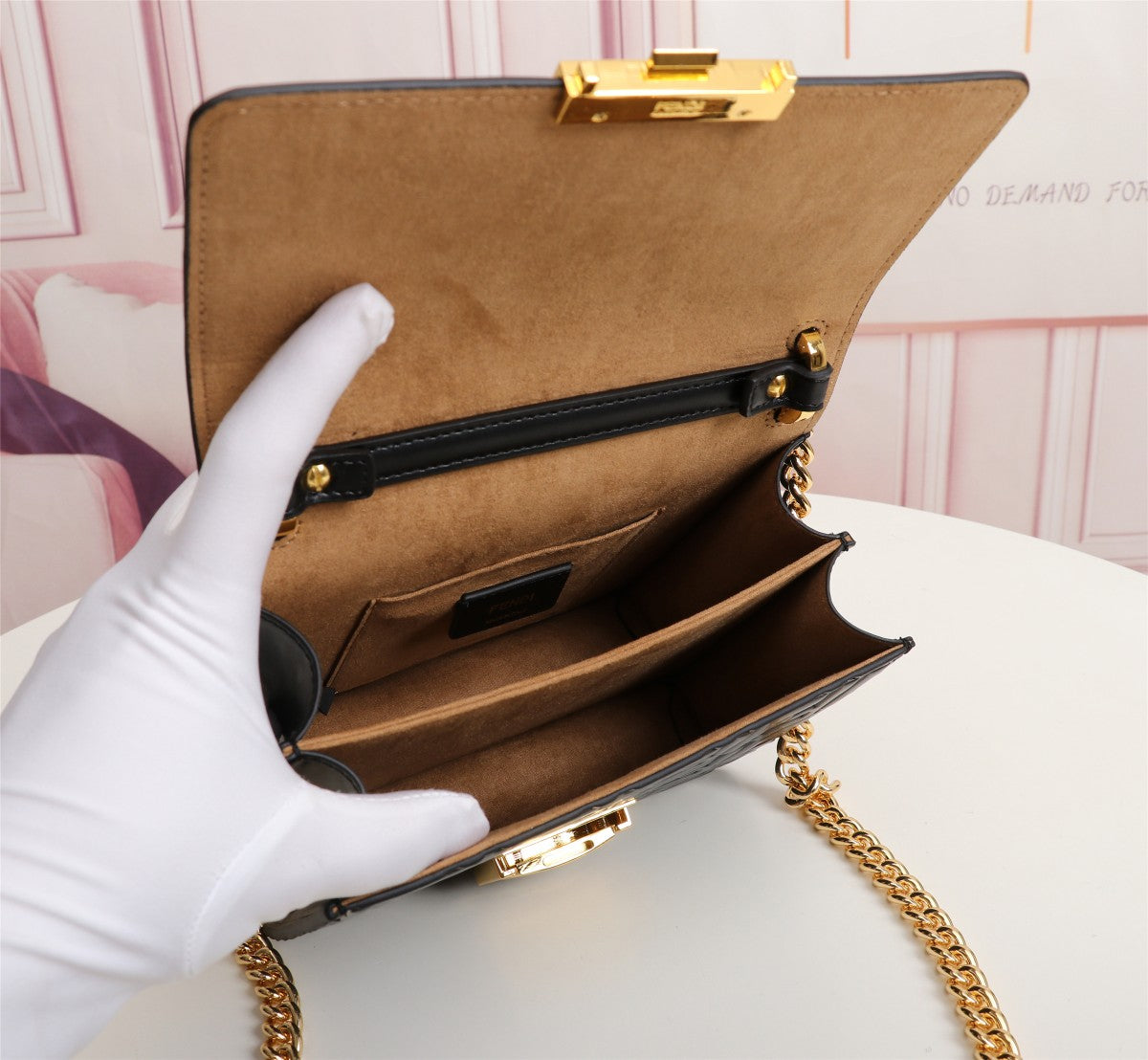 Fendi Kan I Black Embossed FF Logo Leather Shoulder Bag with Gold Chain